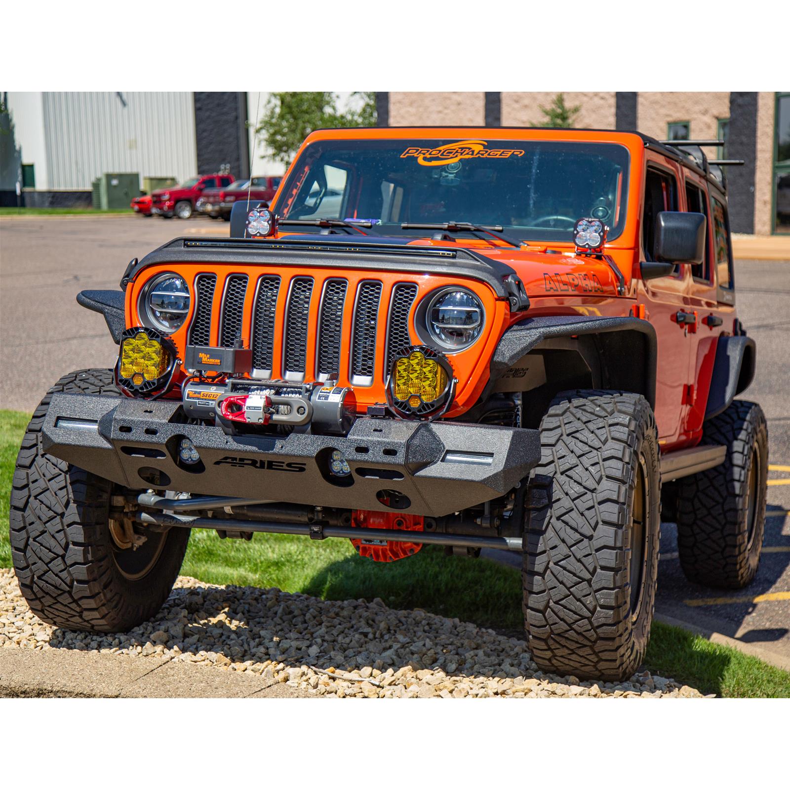 Aries Automotive TrailChaser Front Bumper with Corner Guards for 2020-2024 GLADIATOR, 2018-2024 WRANGLER - 2082076 Bumpers, Fabricated, Aluminum, Black Powdercoated, Textured, Front, Center Section, Guards, Jeep, Kit thumbnail 2