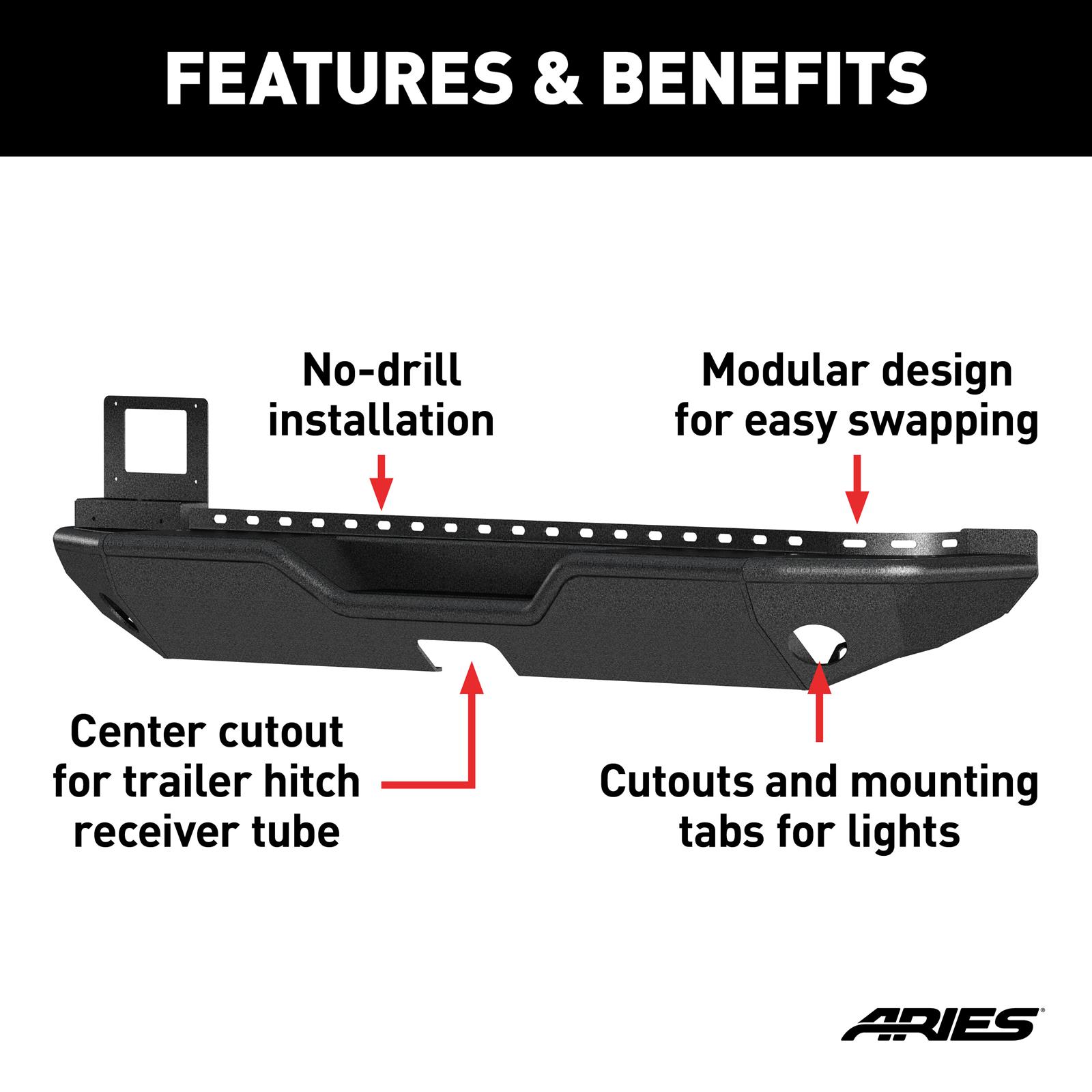 Aries Automotive TrailChaser Rear Bumper with Corner Guards for 2018-2024 WRANGLER - 2082082 Bumpers, Fabricated, Aluminum, Black Powdercoated, Textured, Rear, Center Section, Guards, Jeep, Kit thumbnail 3