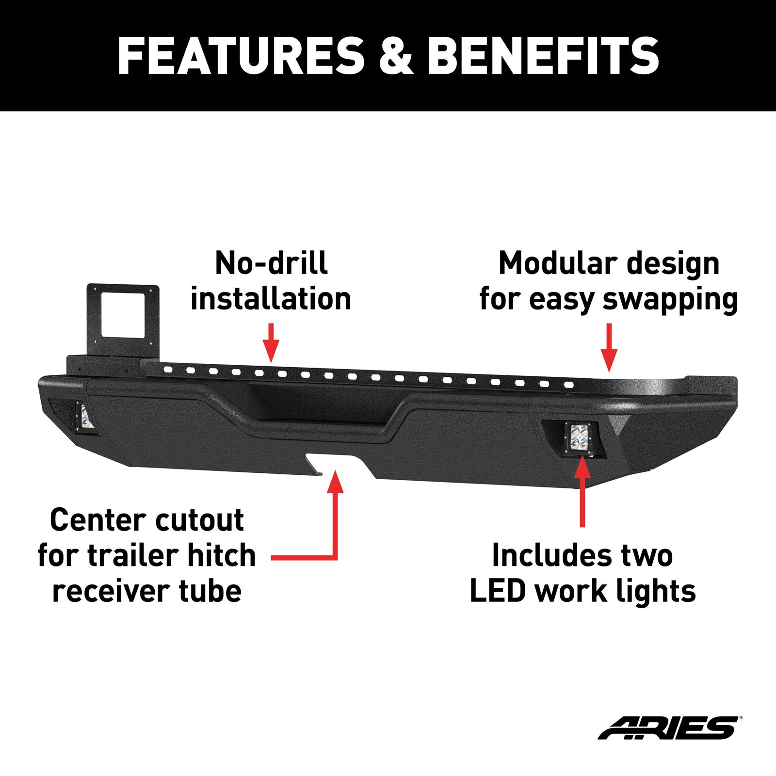 Aries Automotive TrailChaser Rear Bumper with Corner Guards and LEDs for 2018-2025 WRANGLER - 2082083 Bumpers, Fabricated, Aluminum, Black Powdercoated, Textured, Rear, Center Section, Guards, Jeep, Kit thumbnail 3