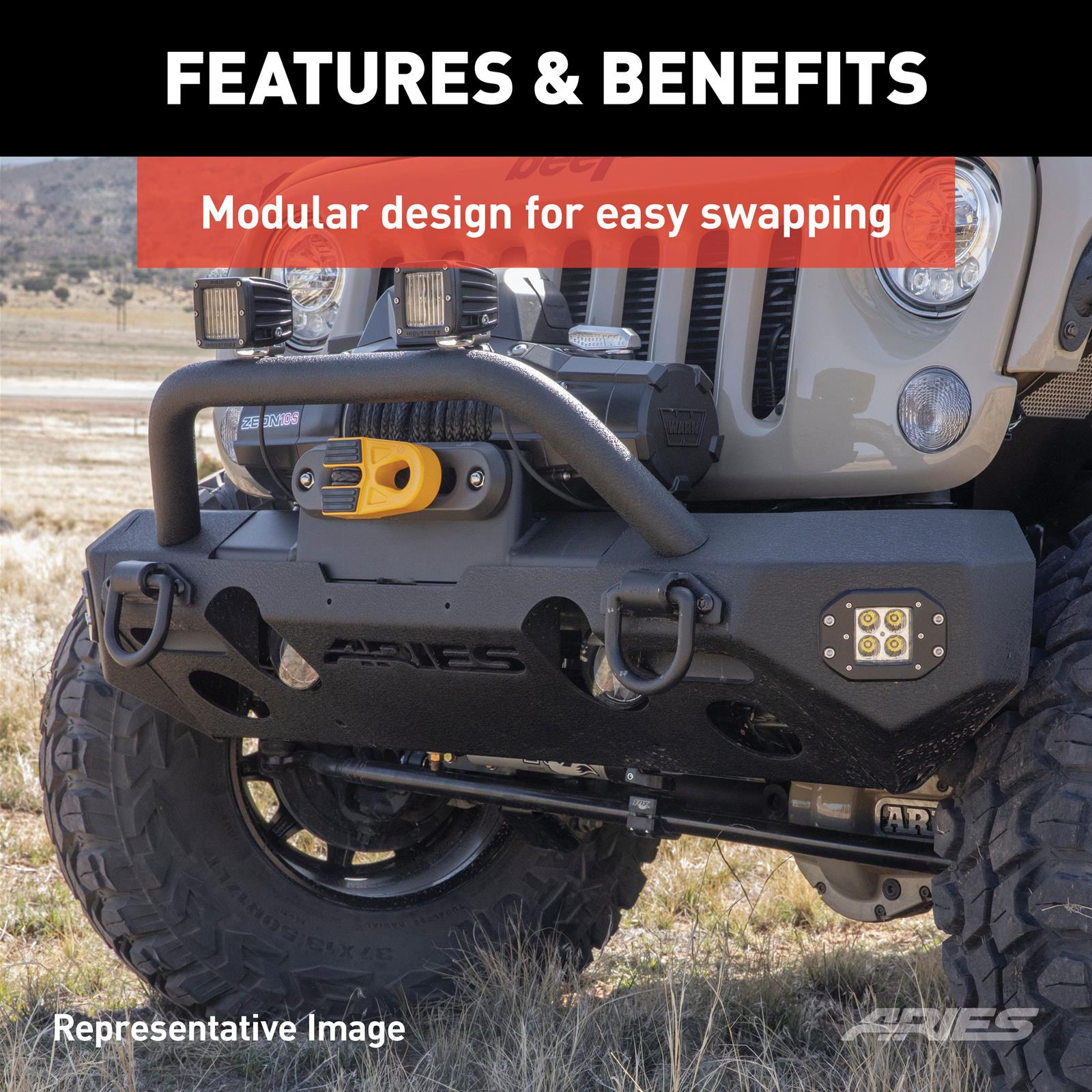Aries Automotive TrailChaser Front Bumper with Corner and Brush Guards for 2020-2024 GLADIATOR, 2018-2024 WRANGLER - 2082084 Bumpers, Fabricated, Steel, Black Powdercoated, Textured, Front, Center Section, Guards, Guard, Jeep, Kit