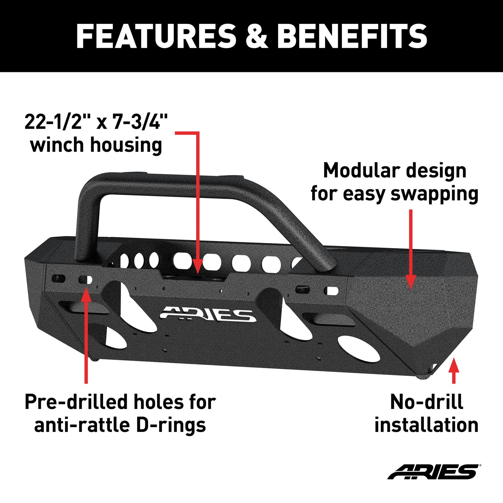Aries Automotive TrailChaser Front Bumper with Corner and Brush Guards for 2020-2024 GLADIATOR, 2018-2024 WRANGLER - 2082092 Bumpers, Fabricated, Aluminum, Black Powdercoated, Textured, Front, Center Section, Guards, Guard, Jeep, Kit