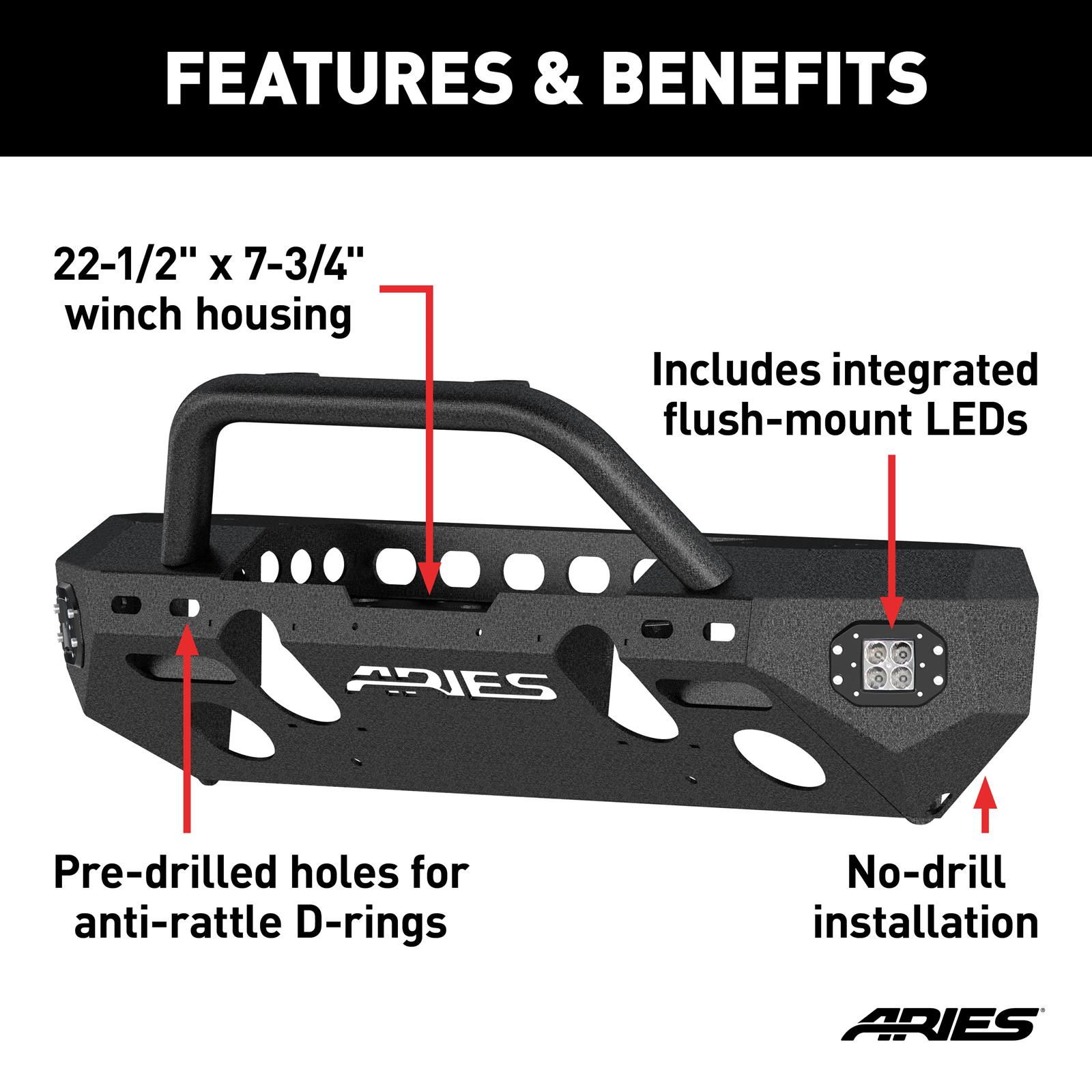Aries Automotive TrailChaser Front Bumper with Corner and Brush Guards for 2020-2025 GLADIATOR, 2018-2025 WRANGLER - 2082094 Bumpers, Fabricated, Aluminum, Black Powdercoated, Textured, Front, Center Section, Guards, Guard, Jeep, Kit