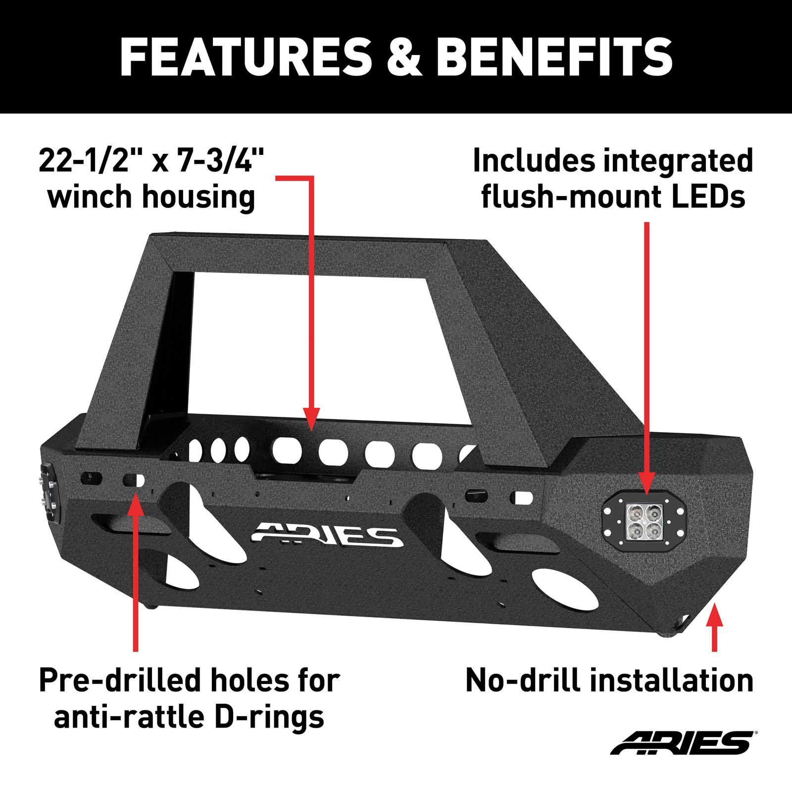 Aries Automotive TrailChaser Front Bumper with Corner and Brush Guards for 2020-2024 GLADIATOR, 2018-2024 WRANGLER - 2082095 Bumpers, Fabricated, Aluminum, Black Powdercoated, Textured, Front, Center Section, Guards, Guard, Jeep, Kit