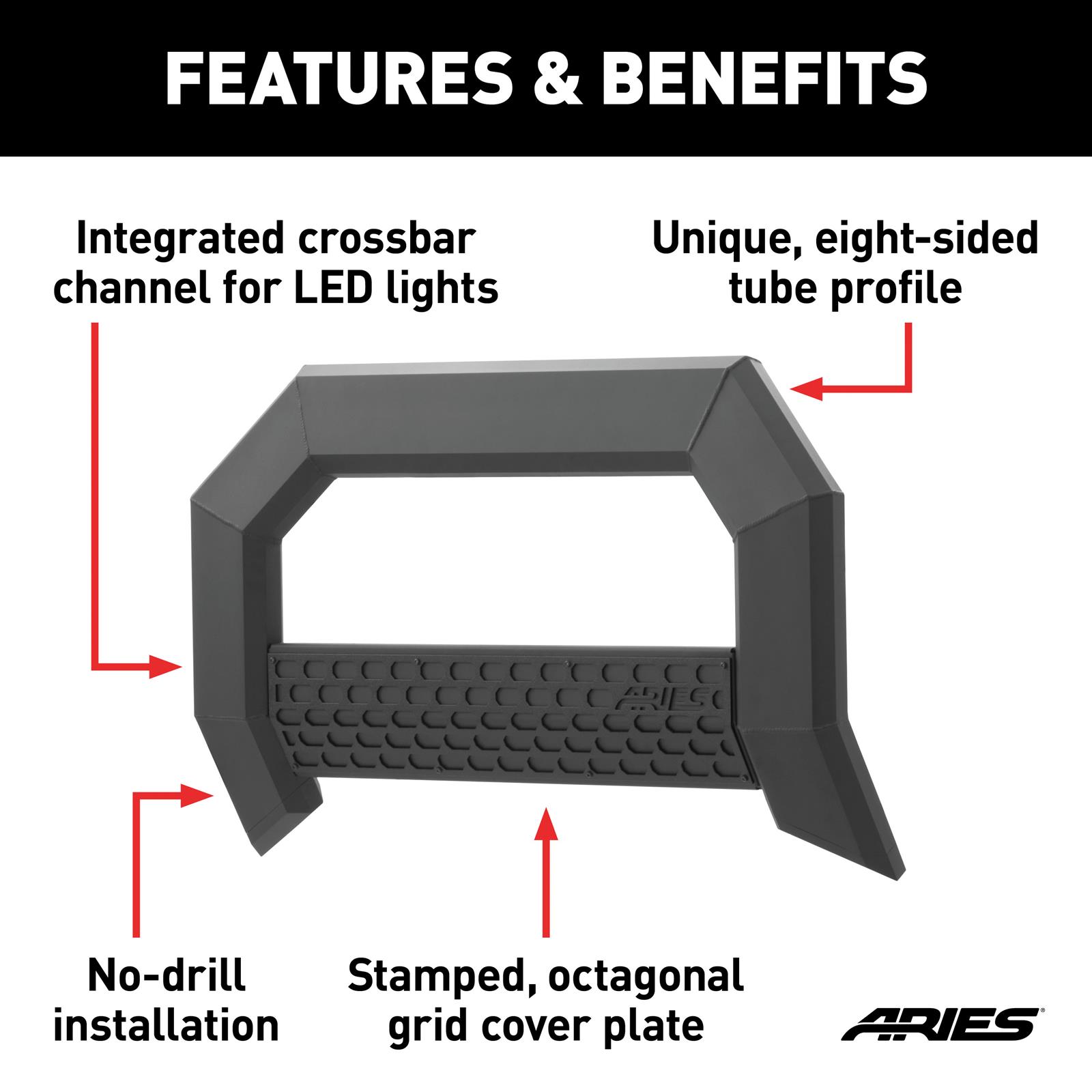 Aries Automotive AdvantEDGE 5.5 in. Bull Bars for 2019-2024 1500 - 2165002 Grille Guards, ADVANTEdge Bar, Aluminum, Black Powdercoated, Ram, Each thumbnail 3