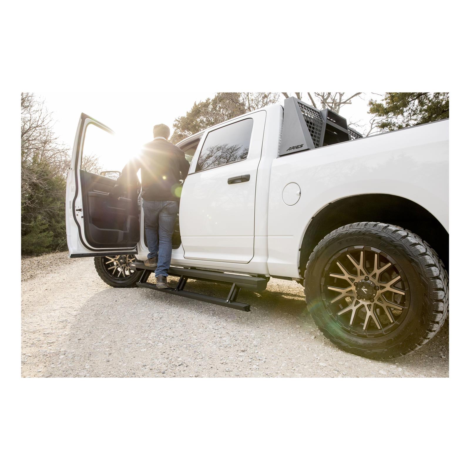 Aries Automotive ActionTrac Powered Running Boards 3048314 Boards, Aluminum, Black Powdercoated, Cab, 87.600 in. Length, Ram, Pair thumbnail 3