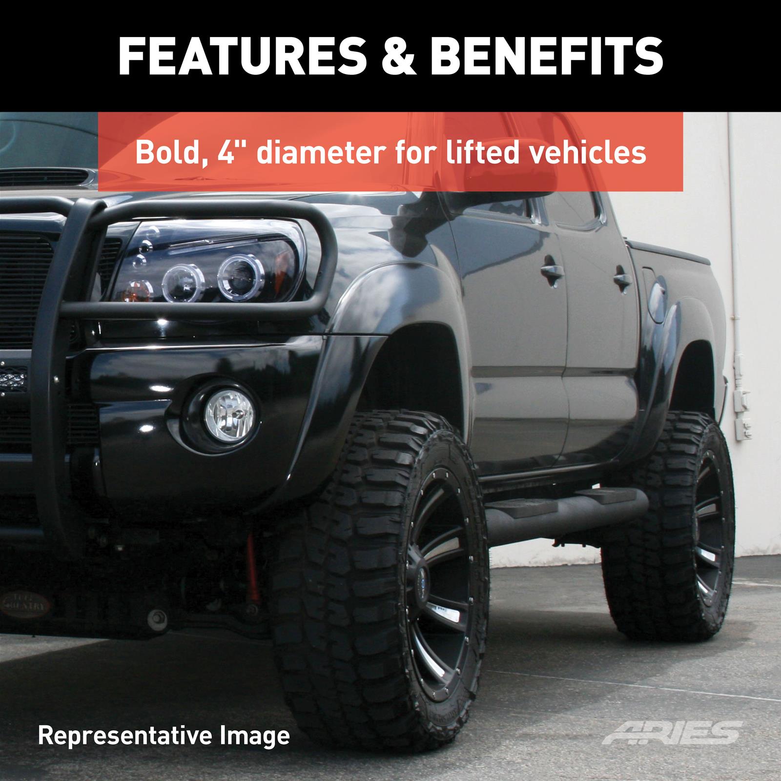 Aries Automotive Big Step 4 in. Round Side Bars for 2019-2025 1500 - AL235045 Nerf and Bars, Step, Sidebars, Ram, Textured Black, Pair thumbnail 5