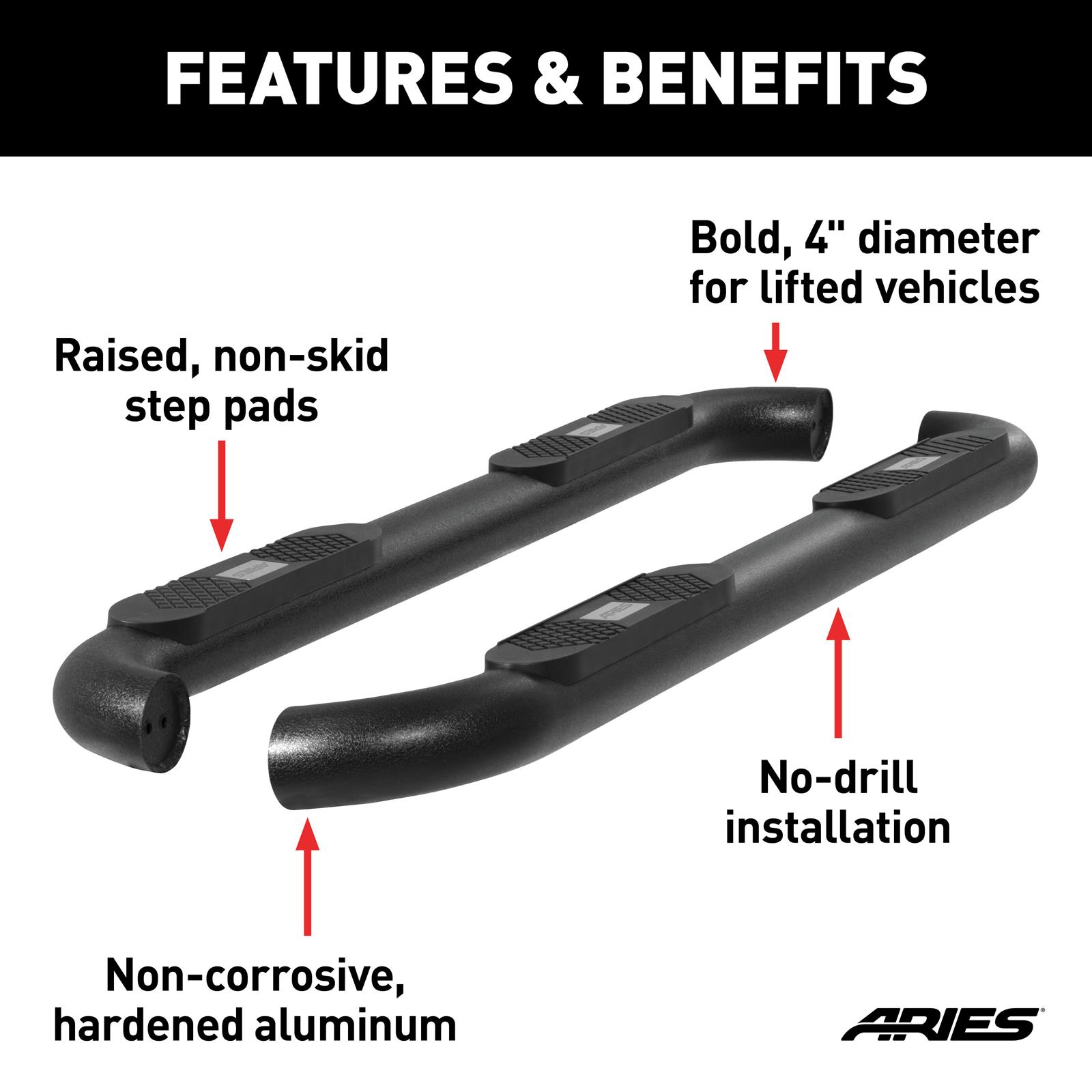 Aries Automotive Big Step 4 in. Round Side Bars for 2019-2025 1500 - AL235045 Nerf and Bars, Step, Sidebars, Ram, Textured Black, Pair thumbnail 6