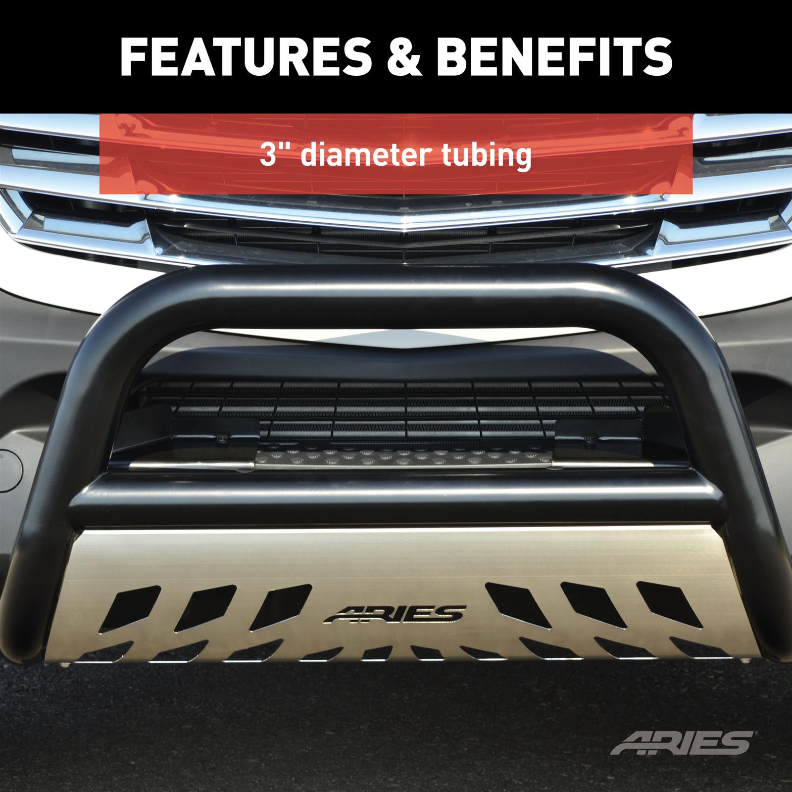 Aries Automotive 3 in. Bull Bars for 2019-2024 1500 - B35-5008 Grille Guard, Bar with Skid Plate, Ram, Steel, Black, Each thumbnail 2