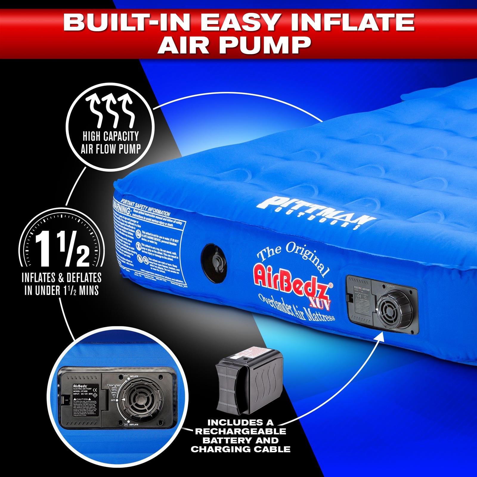 AirBedz Air Mattresses PPI-BLU_XUV JEEP, SUV & Crossover Vehicle Rear Seats Down Mattress with Built-in Rechargeable Battery Pump. The Original Jeep/SUV Bed Mattress thumbnail 2