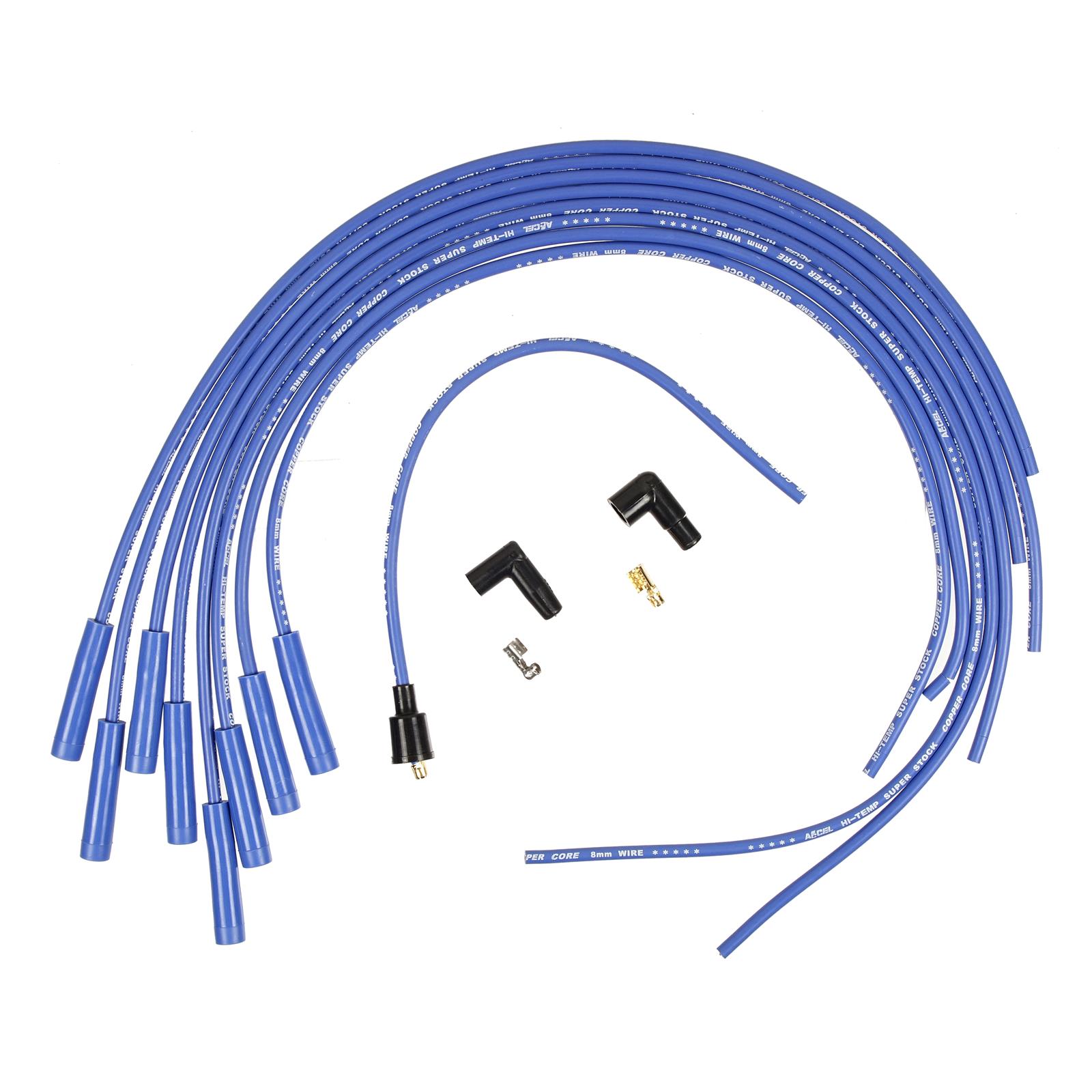ACCEL SuperStock 4000 Series Spark Plug Wire Sets 4038B Wires, SuperStock, RFI Suppression, Spiral Core, 8mm, Blue, Straight Boots (Blue/Black), V8, Set