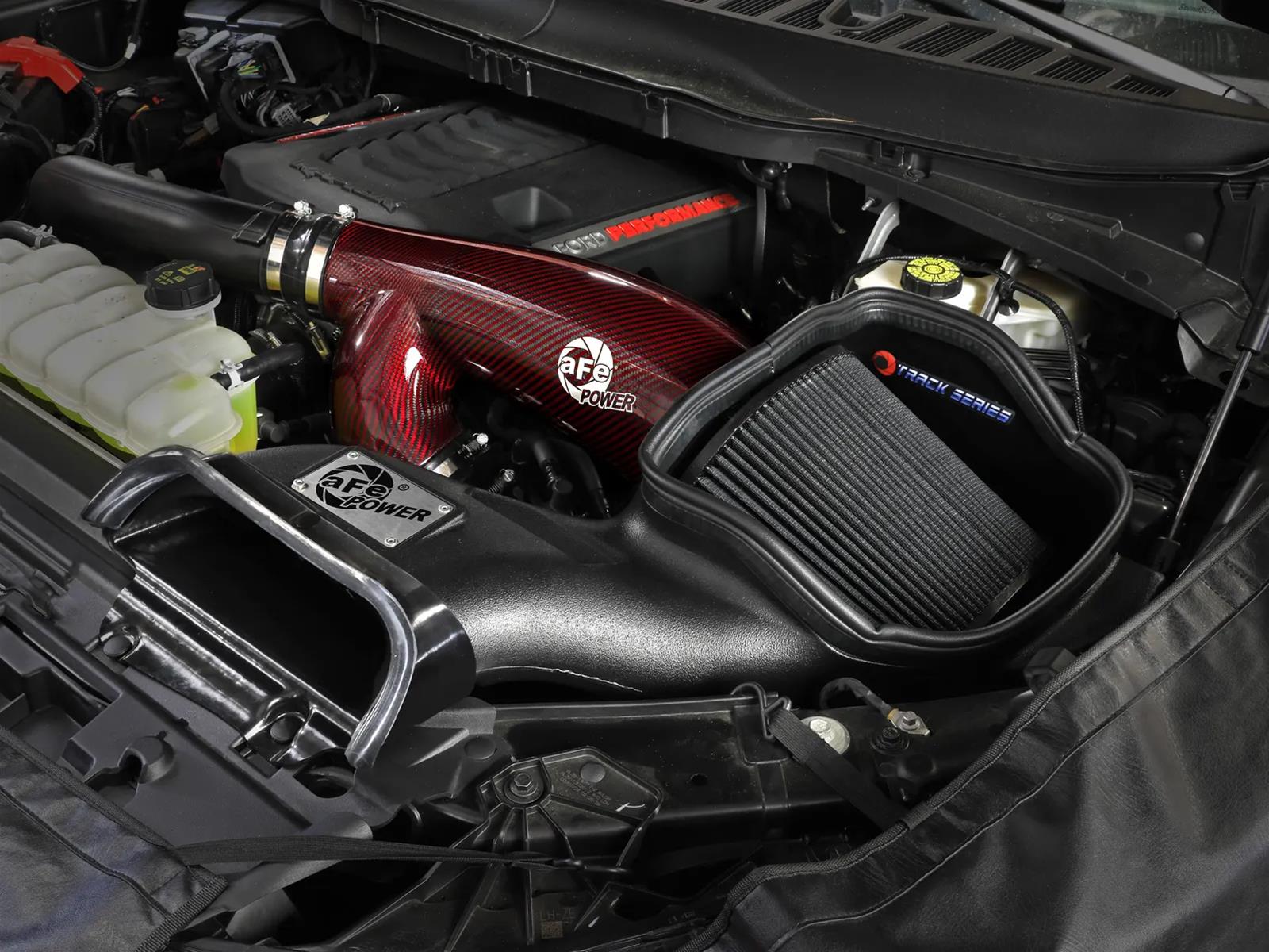 aFe 17-24 Ford F-150 Track Series Red Kevlar Carbon Fiber C/A Intake System w/Black Pro 5R Filter
