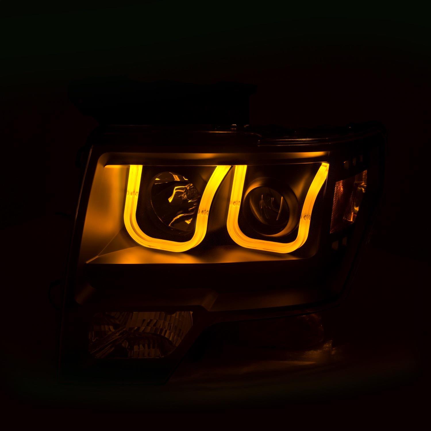 ANZO 2009-2014 Ford F-150 Projector Headlights w/ U-Bar Switchback Black w/ Amber thumbnail 8