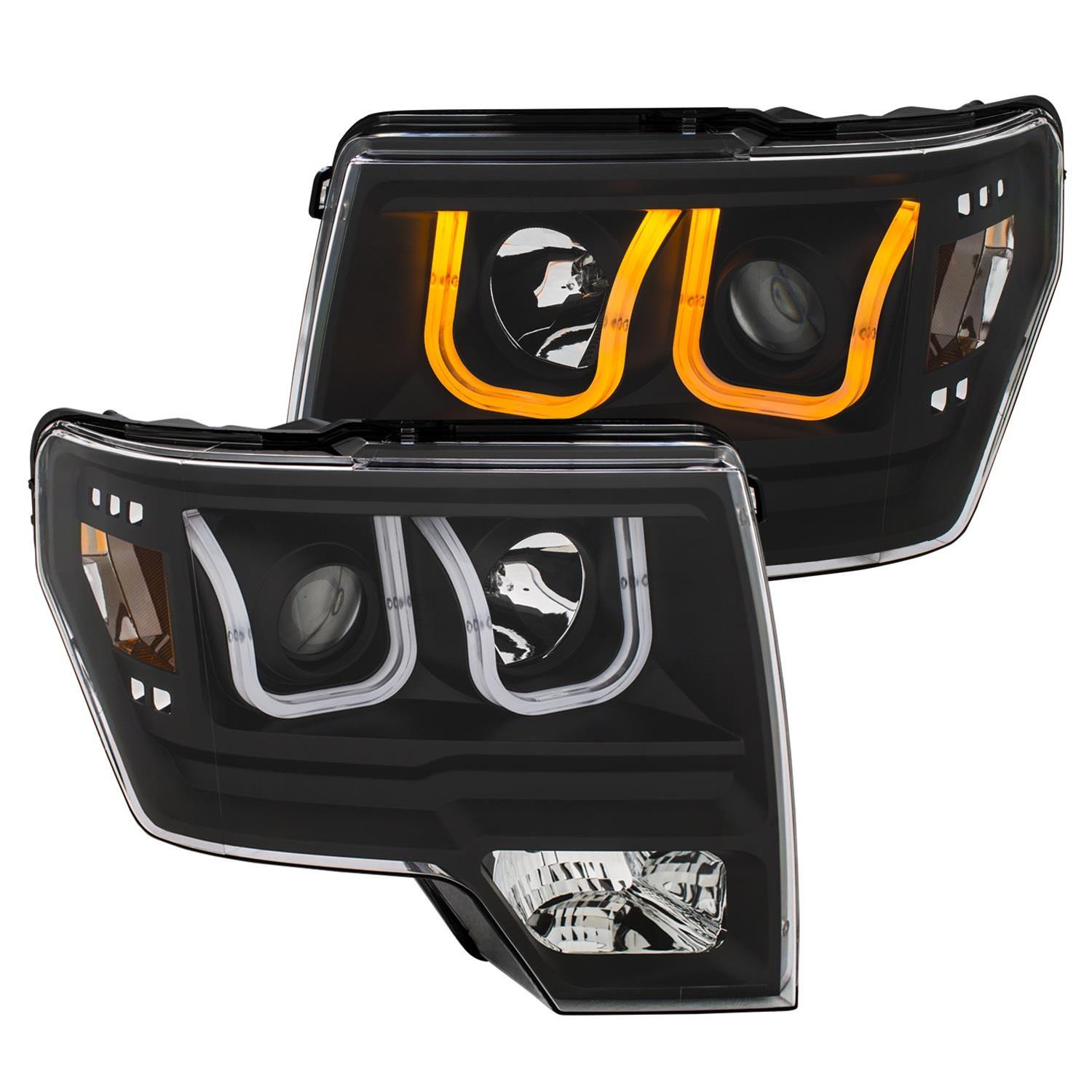 ANZO 2009-2014 Ford F-150 Projector Headlights w/ U-Bar Switchback Black w/ Amber thumbnail 3