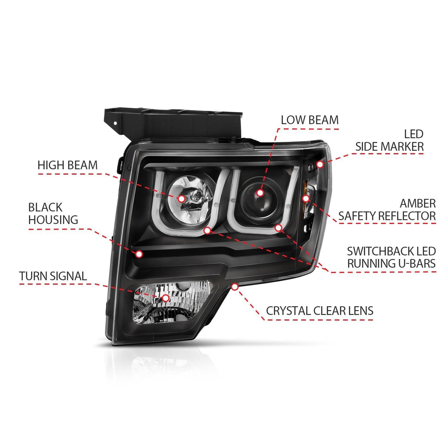 ANZO 2009-2014 Ford F-150 Projector Headlights w/ U-Bar Switchback Black w/ Amber thumbnail 5