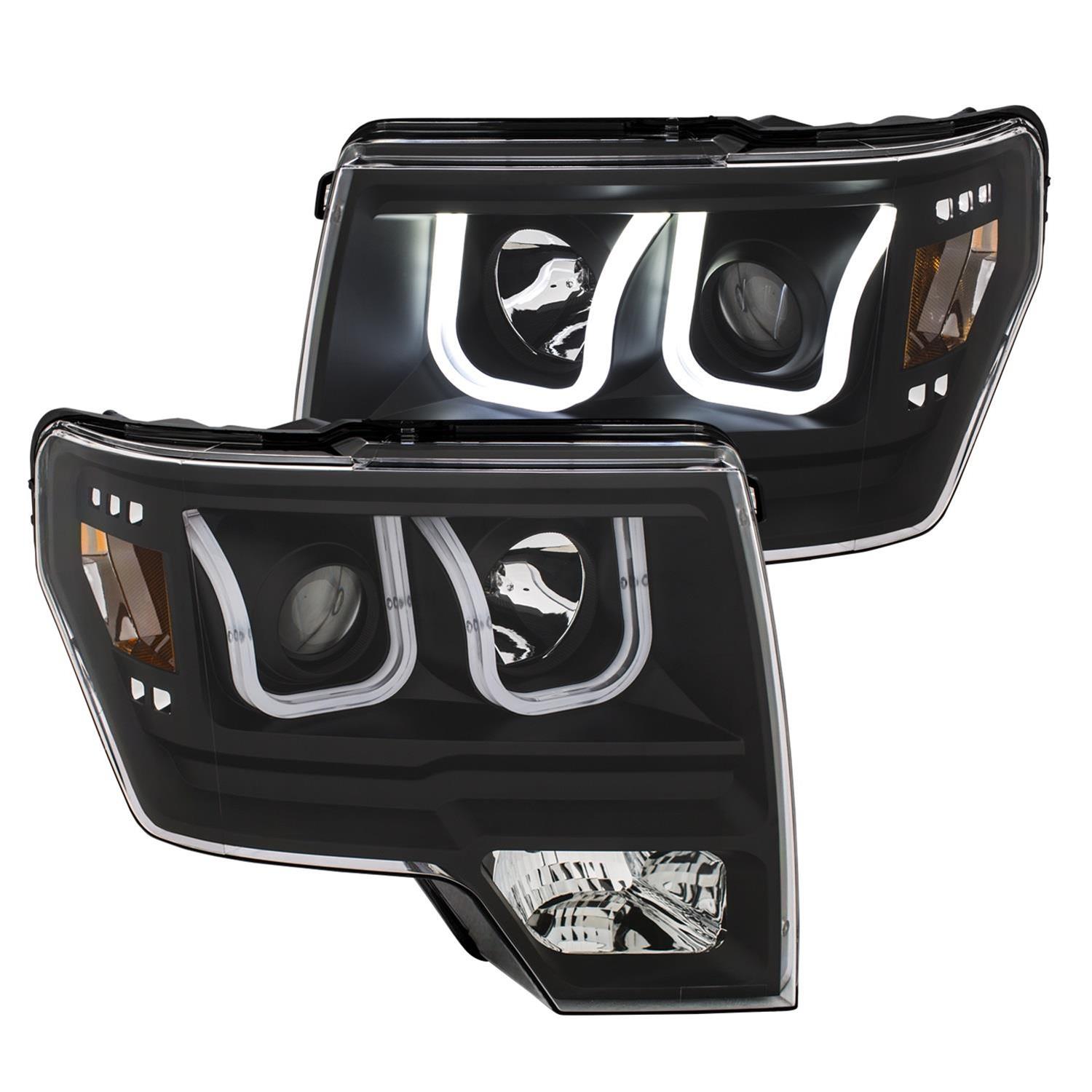 ANZO 2009-2014 Ford F-150 Projector Headlights w/ U-Bar Switchback Black w/ Amber thumbnail 4