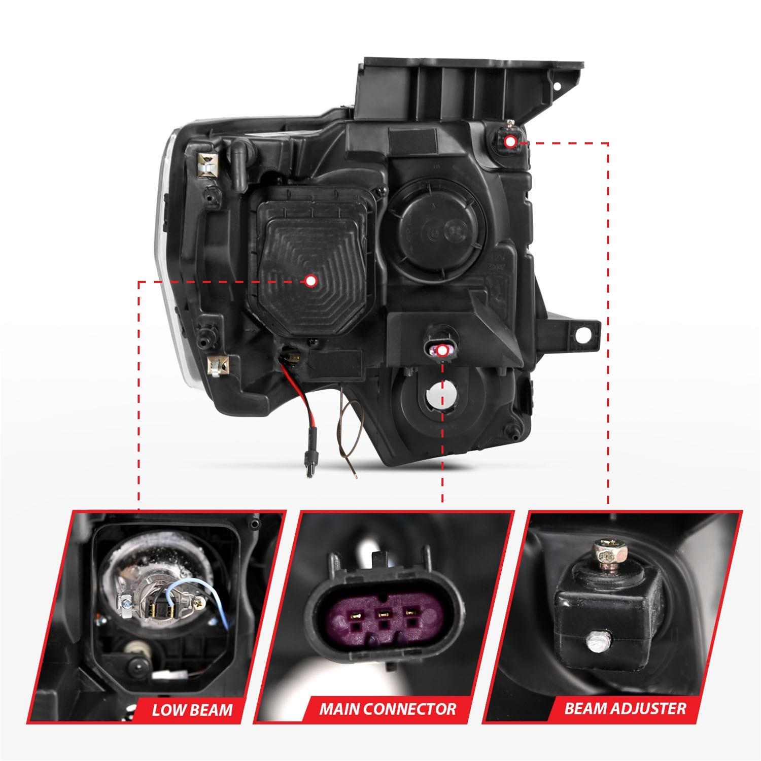 ANZO 2009-2014 Ford F-150 Projector Headlights w/ U-Bar Switchback Black w/ Amber thumbnail 2