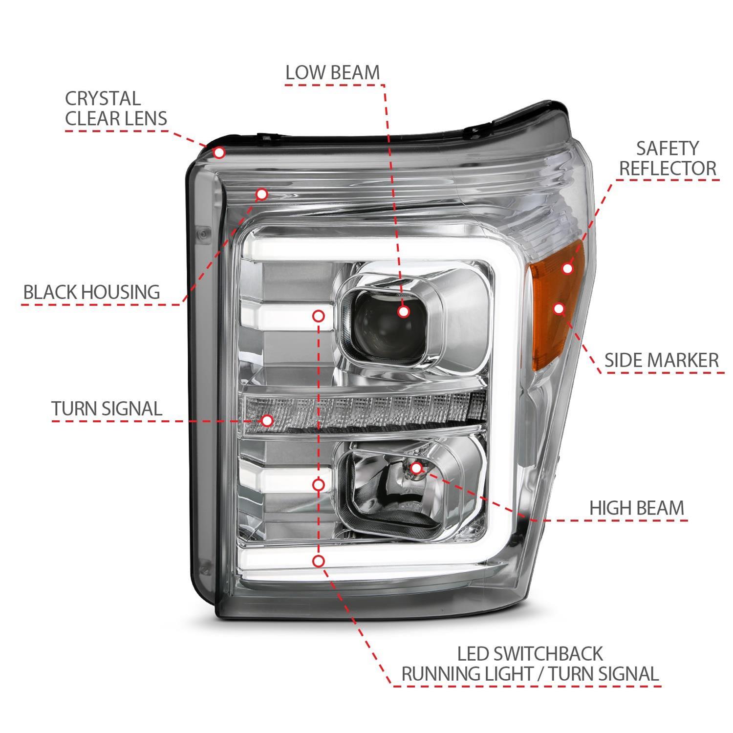 ANZO 11-16 Ford F-250/F-350/F-450 Projector Headlights w/ Plank Style Switchback Chrome w/Amber thumbnail 4