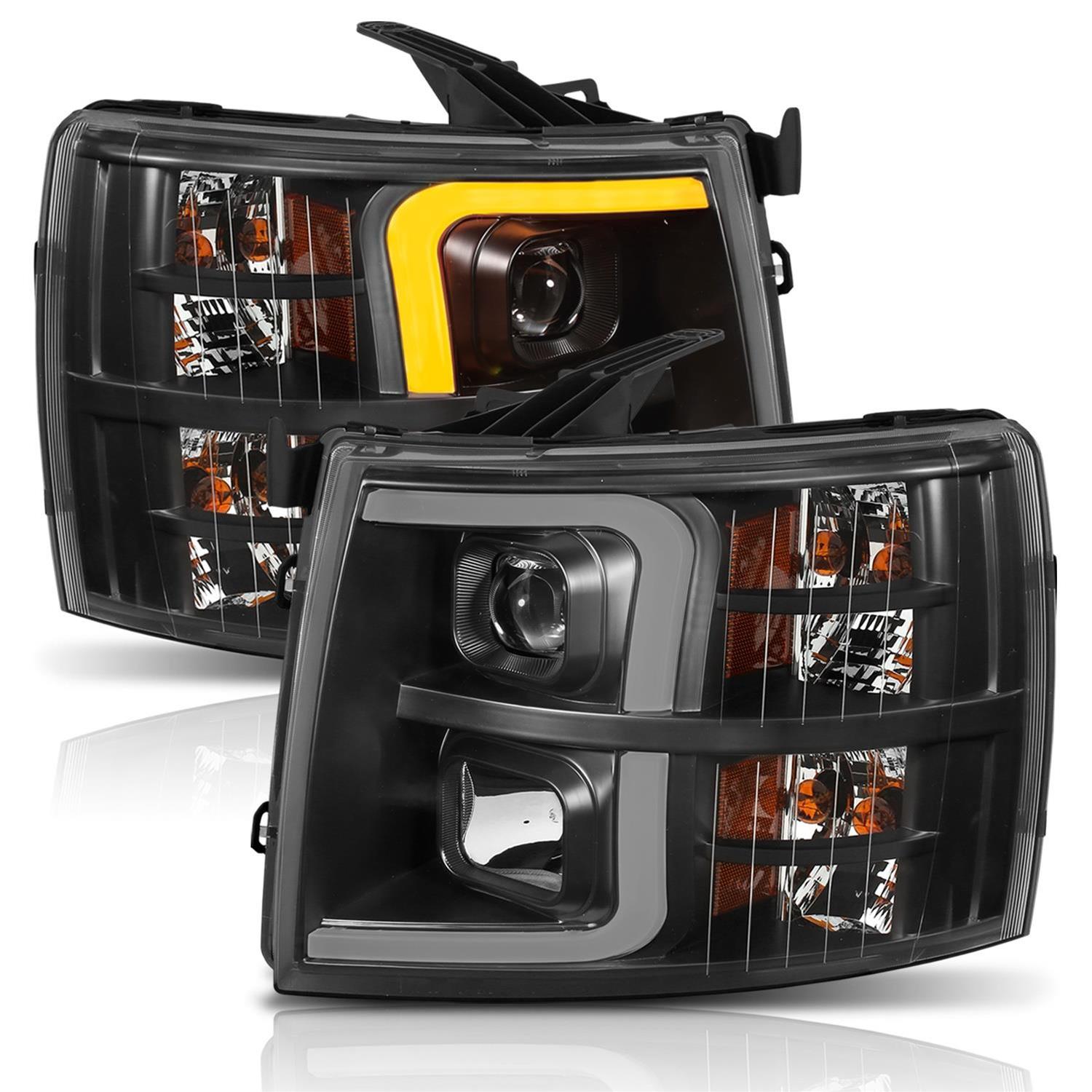ANZO 07-13 Chevrolet Silverado 1500 Plank Style Projector Headlights Black w/ Amber thumbnail 6