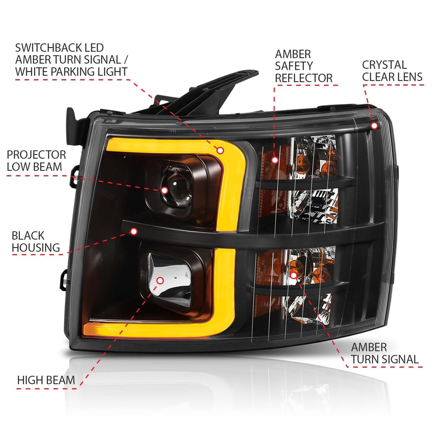 ANZO 07-13 Chevrolet Silverado 1500 Plank Style Projector Headlights Black w/ Amber thumbnail 8