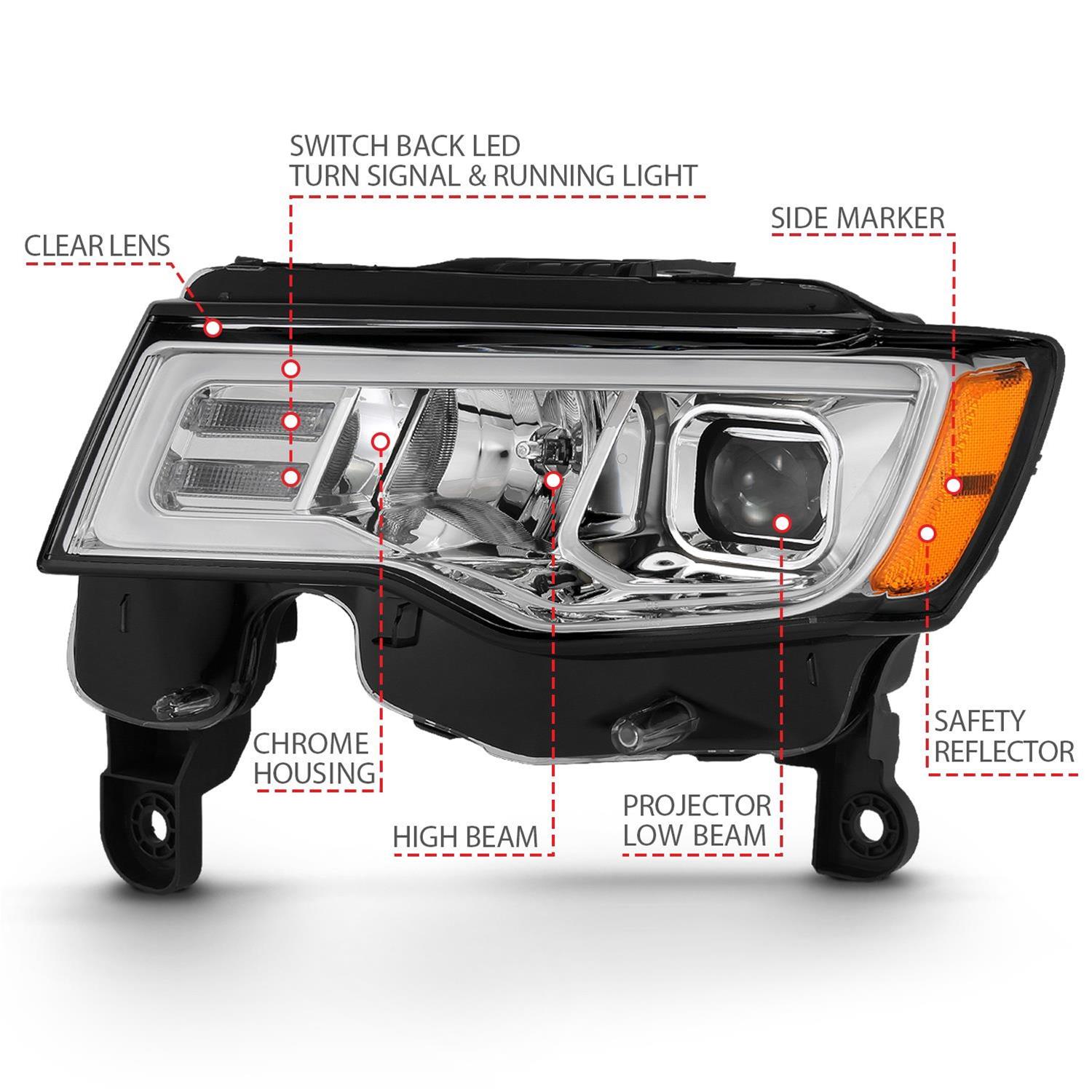 ANZO 2017-2018 Jeep Grand Cherokee Projector Headlights w/ Plank Style Switchback - Chrome w/ Amber thumbnail 5
