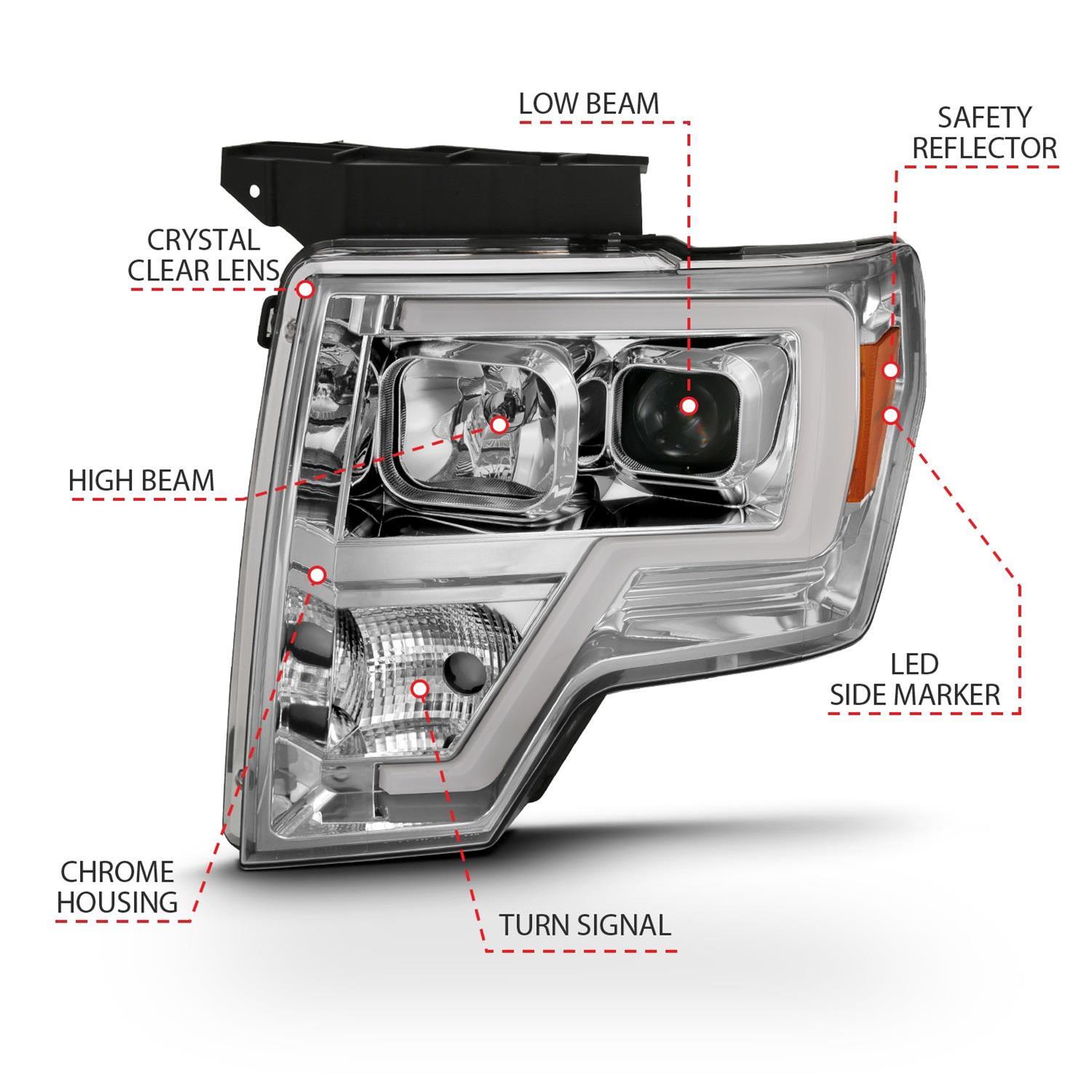 ANZO 2009-2014 Ford F-150 Projector Headlight Plank Style Chrome Amber thumbnail 5