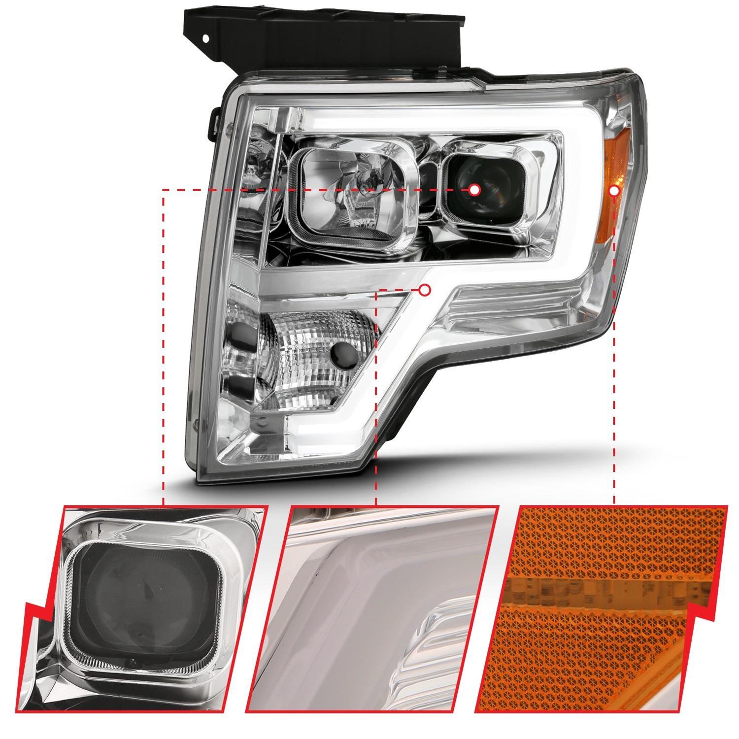 ANZO 2009-2014 Ford F-150 Projector Headlight Plank Style Chrome Amber thumbnail 2