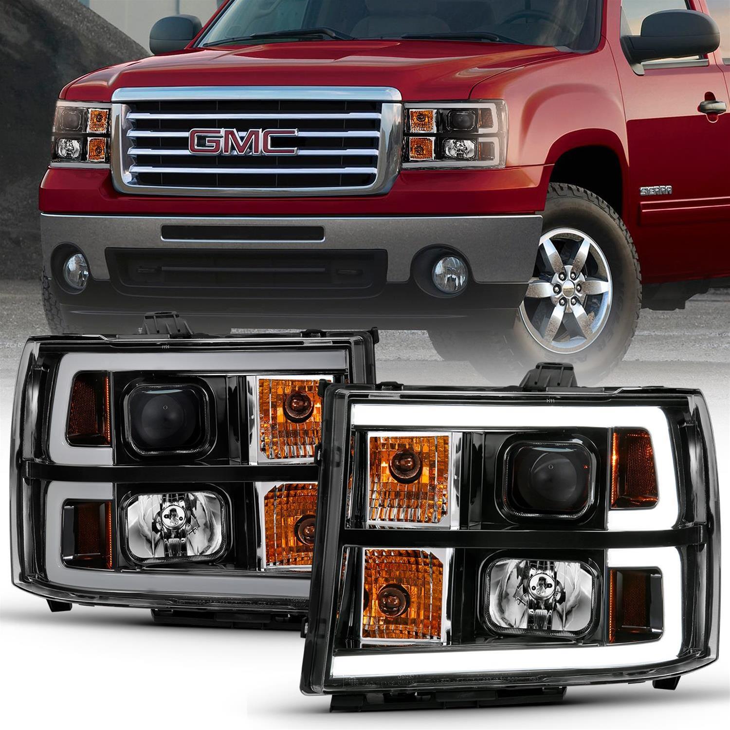 ANZO 2007-2013 GMC Sierra 1500 Projector Headlight Plank Style Black w/ Clear Lens Amber