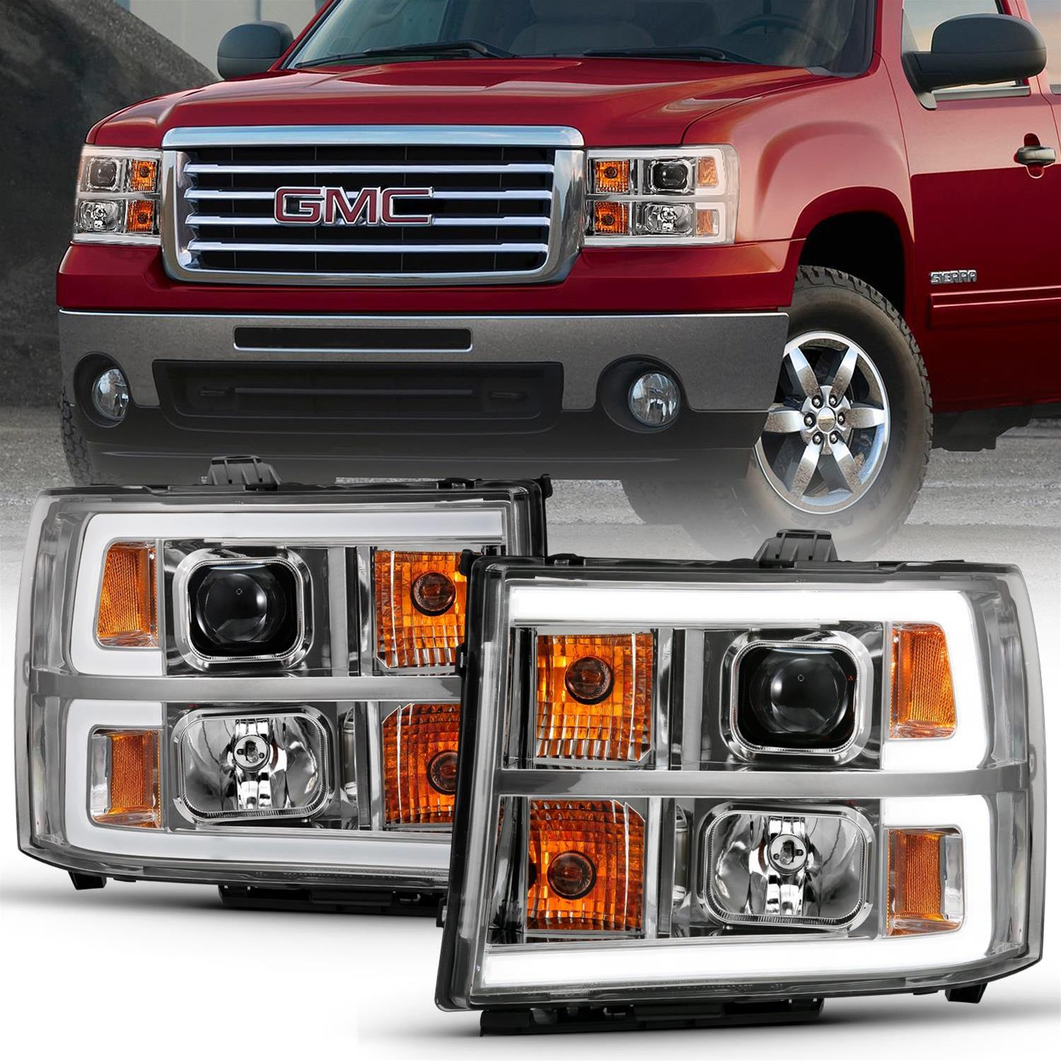 ANZO 2007-2013 GMC Sierra 1500 Projector Headlight Plank Style Chrome w/ Clear Lens Amber