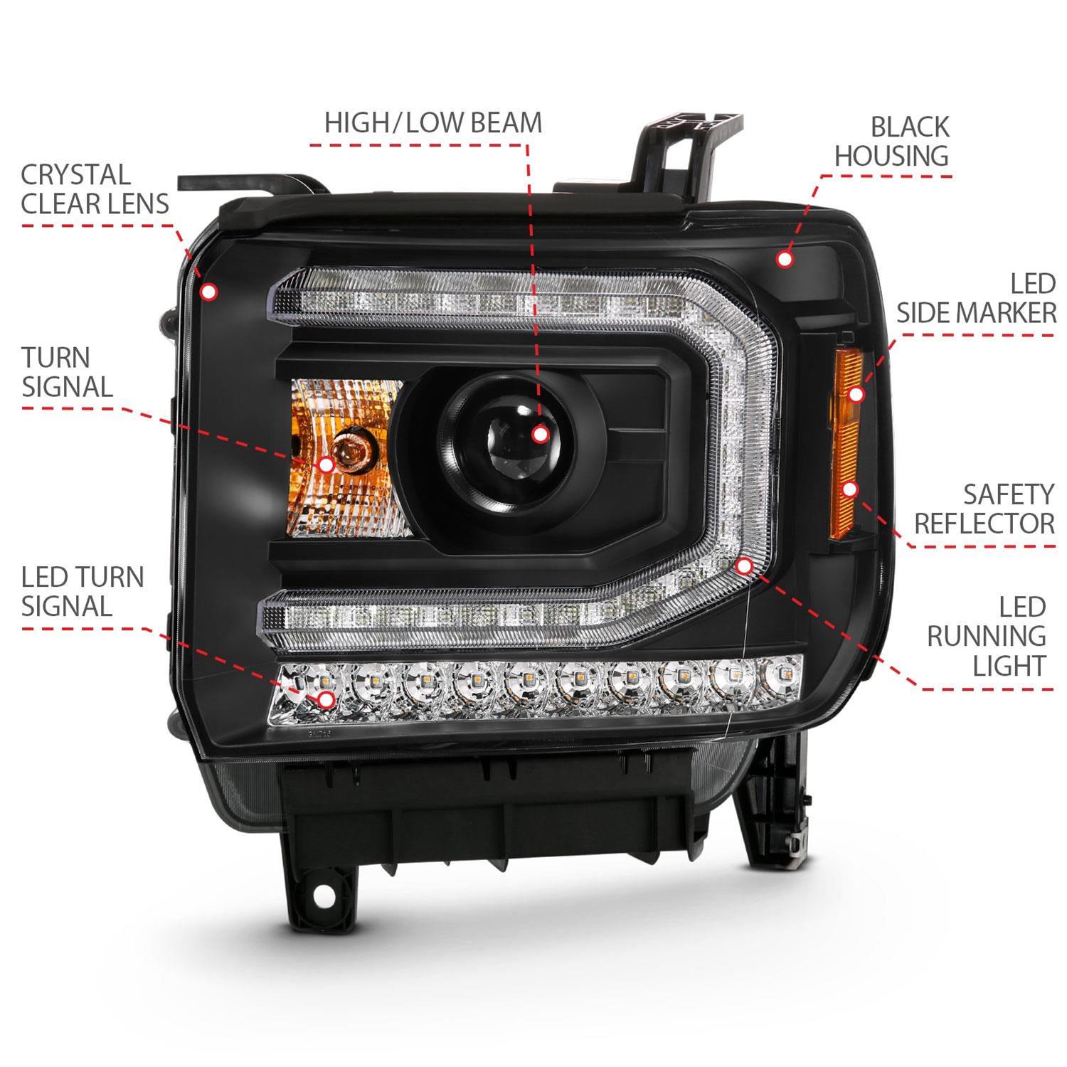 ANZO 2016-2019 GMC Sierra 1500 Projector Headlight Plank Style Black w/ Sequential Amber Signal thumbnail 4