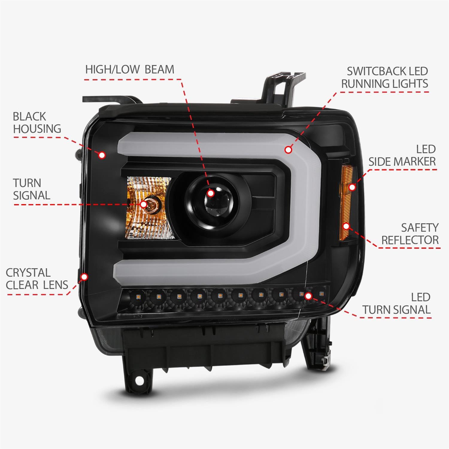 ANZO GMC SIERRA 1500 14-15 2500H/15-19 Projector Headlight Plank Style Black w/ Switchback (Halogen) thumbnail 5