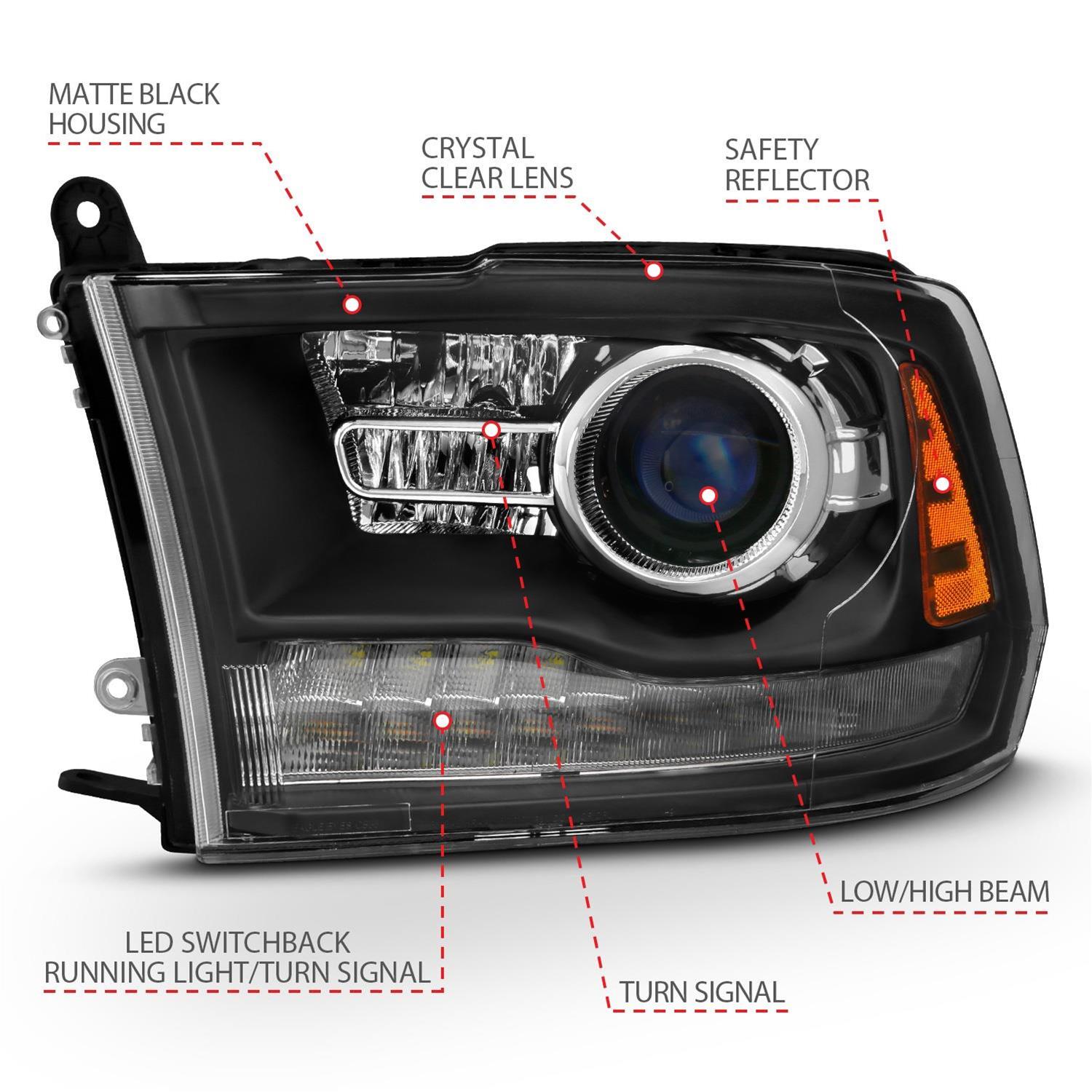 ANZO 2009-2018 Dodge Ram 1500 Projector Headlights Plank Style Halo w/Switchback Matte Black thumbnail 2