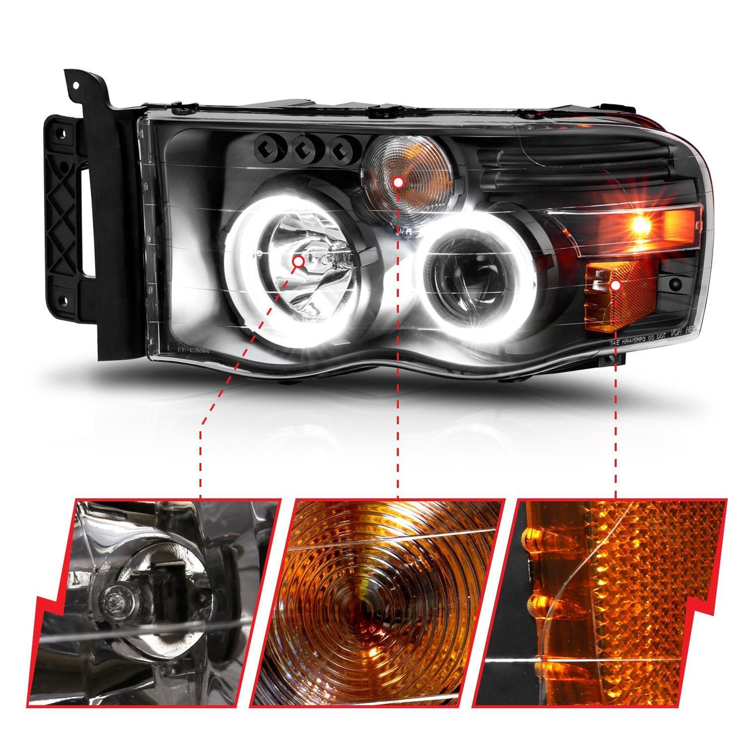 ANZO 2002-2005 Dodge Ram 1500 Projector Headlights w/ Halo Black Clear Amber thumbnail 2