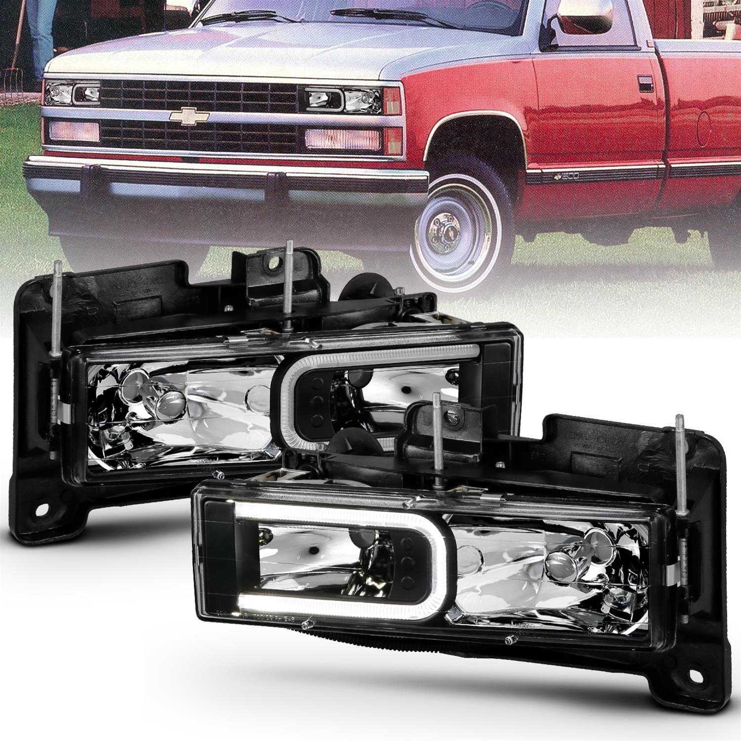 ANZO 1999-2000 Cadillac Escalade Crystal Headlights Light Bar Black Housing (Pair)