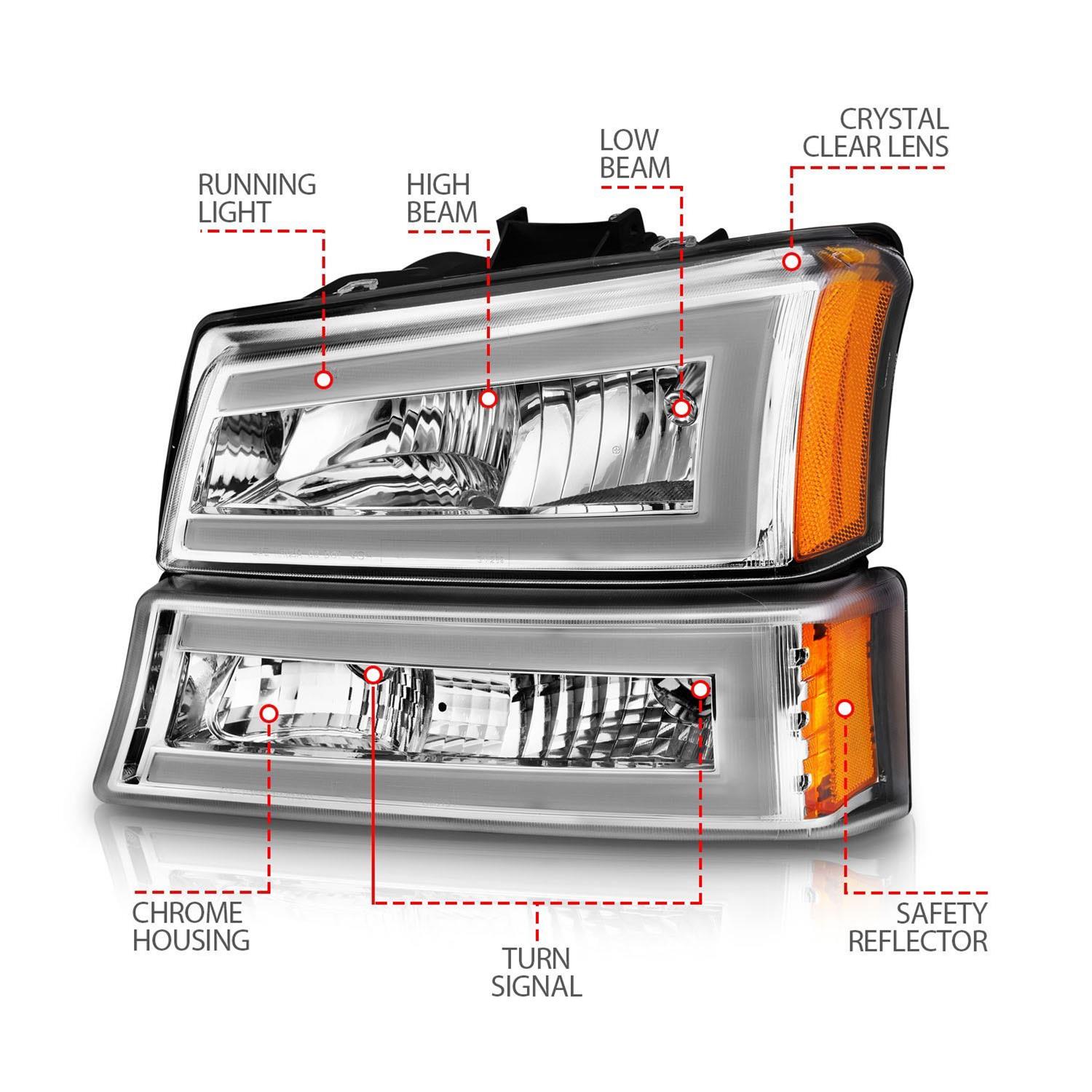 ANZO 2003-2006 Chevrolet Silverado 1500 Crystal Headlights w/ Light Bar Chrome Housing thumbnail 5