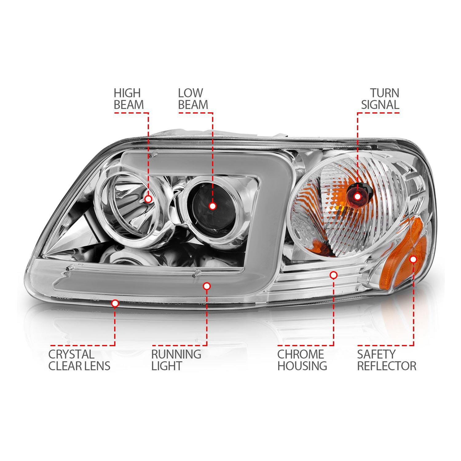 ANZO 1997-2003 Ford F-150 Projector Headlights w/ Light Bar Chrome Housing thumbnail 5