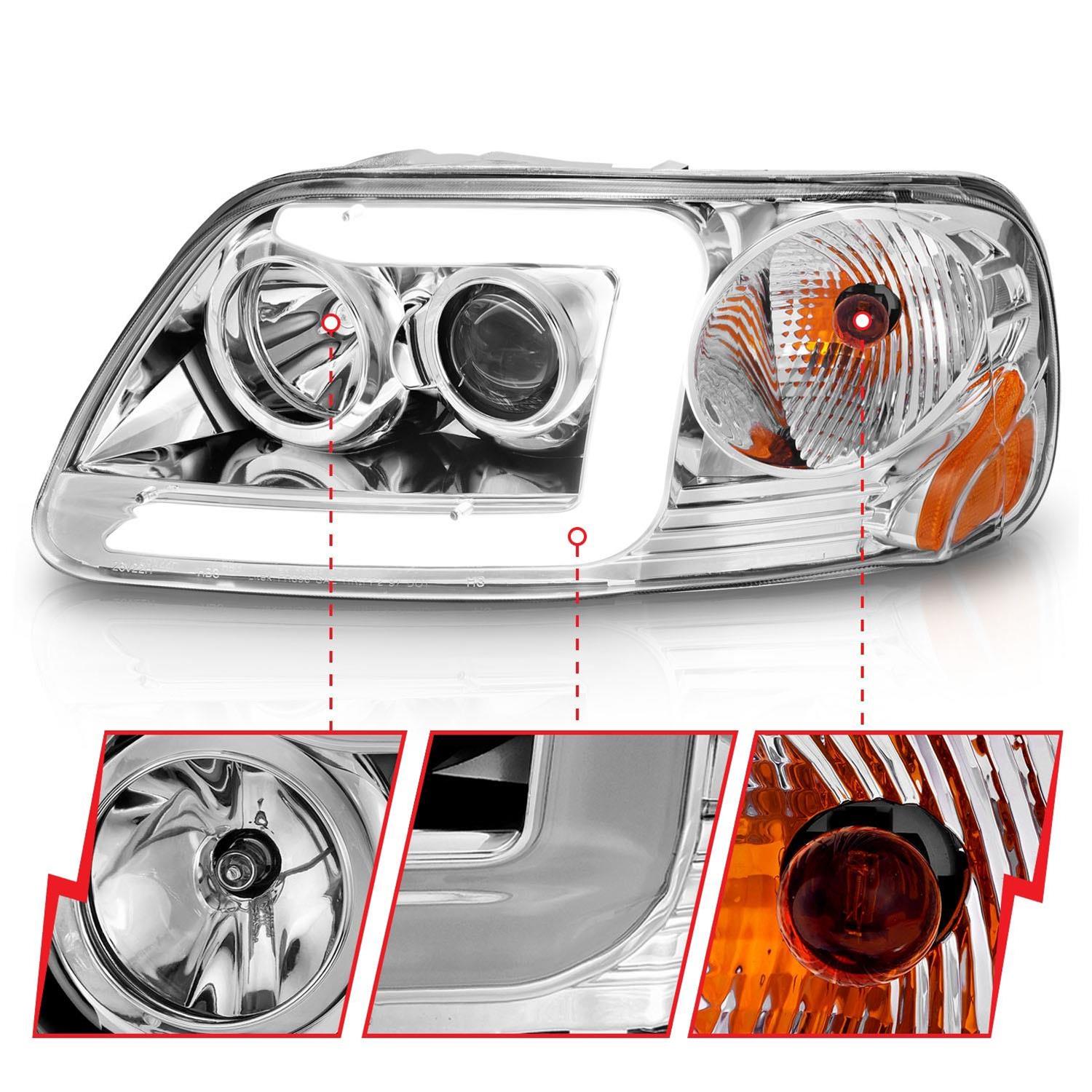 ANZO 1997-2003 Ford F-150 Projector Headlights w/ Light Bar Chrome Housing thumbnail 3