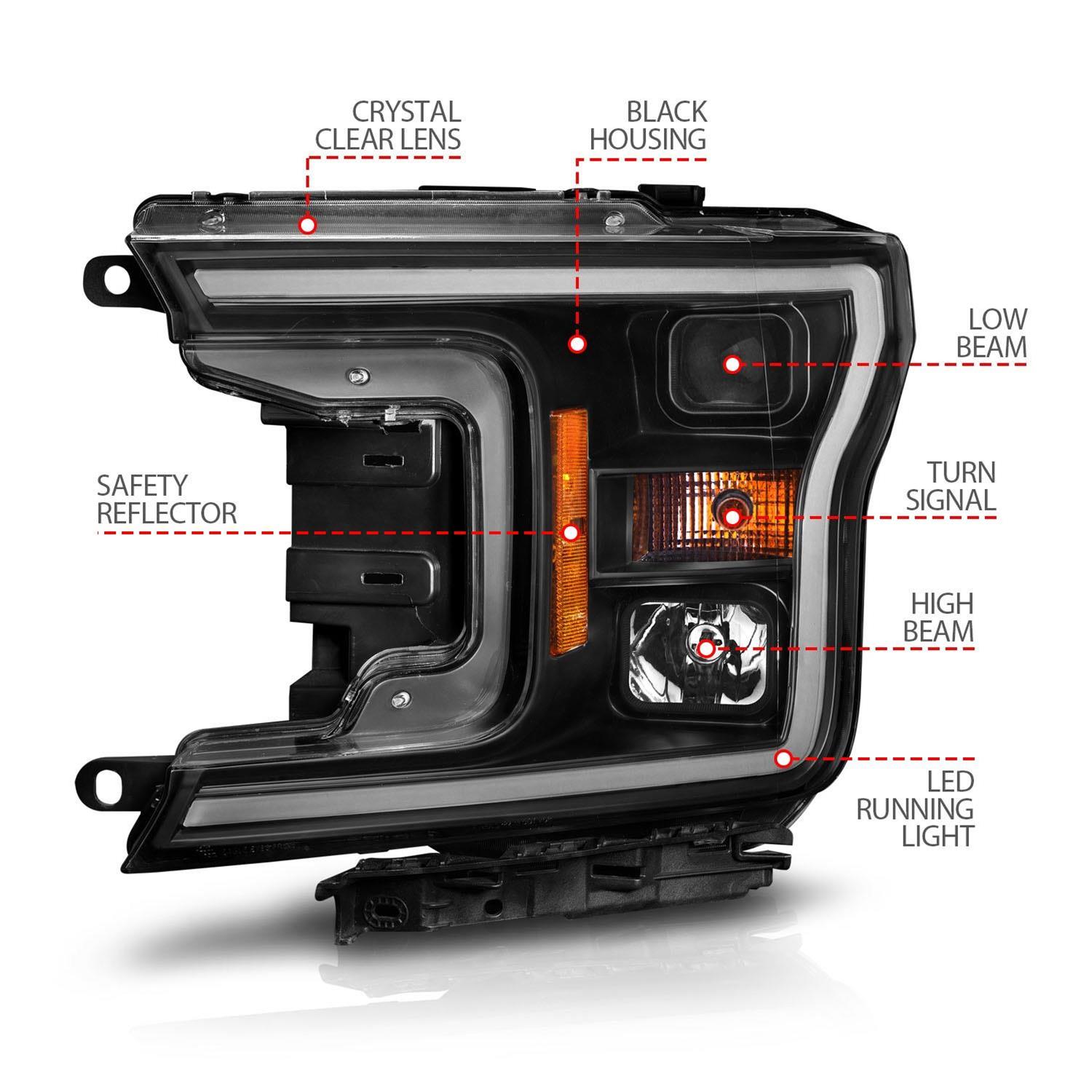ANZO 2018-2020 Ford F-150 Projector Headlight w/ Plank Style Switchback Black Housing thumbnail 2
