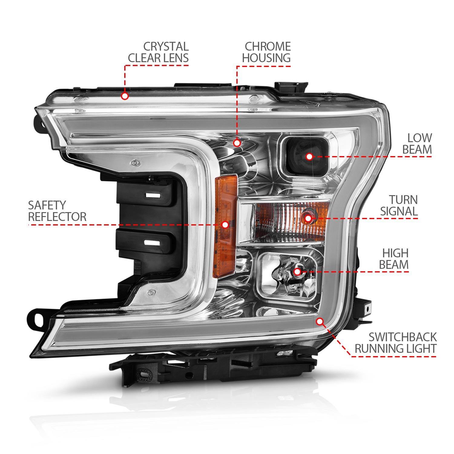 ANZO 2018-2020 Ford F-150 Projector Headlight w/Plank Style Switchback Chrome Housing thumbnail 4