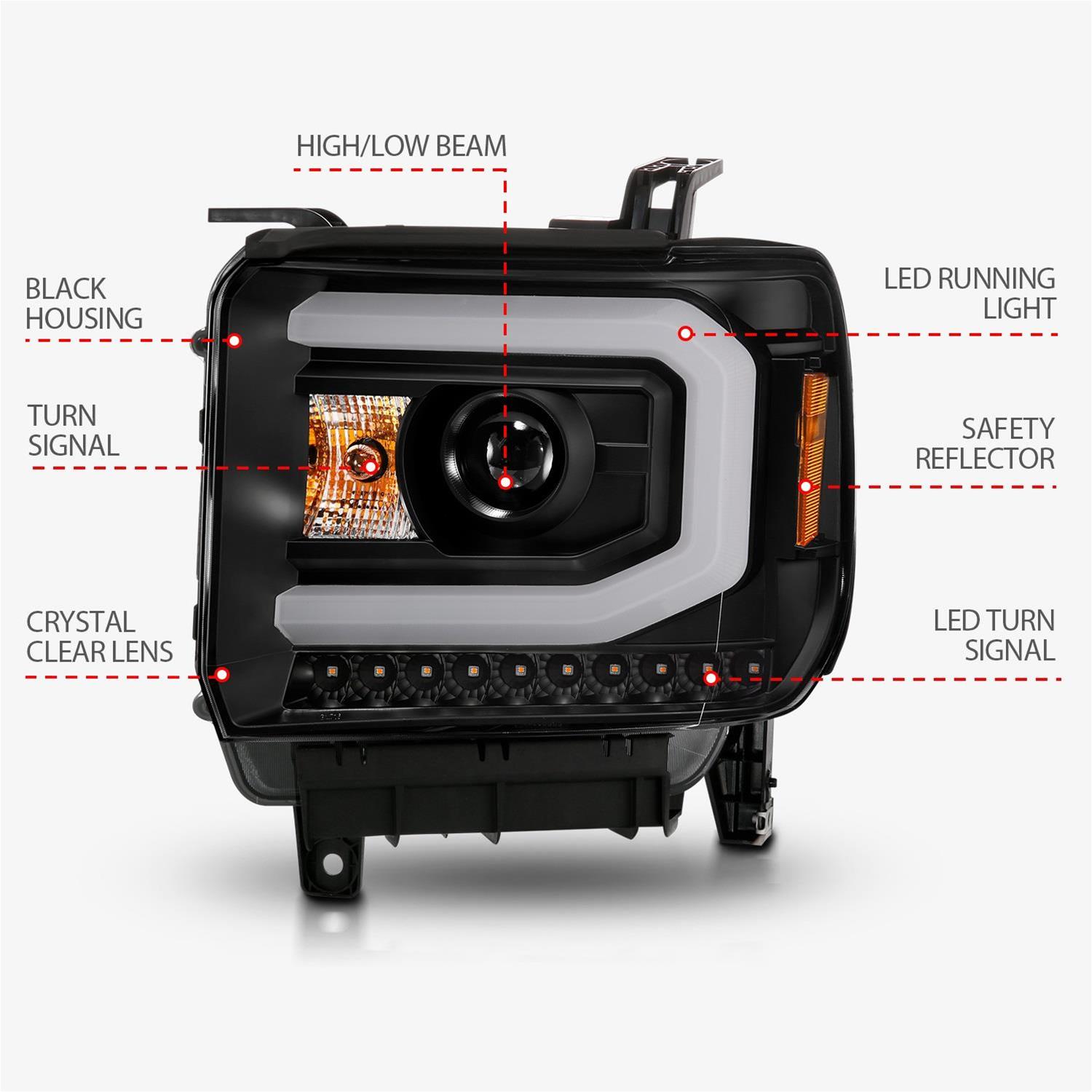 ANZO 2014-2015 GMC Sierra 1500 Projector Headlights w/ Light Bar Black Housing (Halogen Type) thumbnail 5