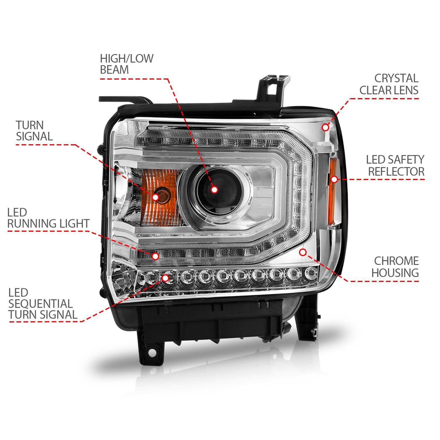 ANZO 2014-2015 GMC Sierra 1500 Projector Headlights w/ Light Bar Chrome Housing (Halogen Type) thumbnail 4