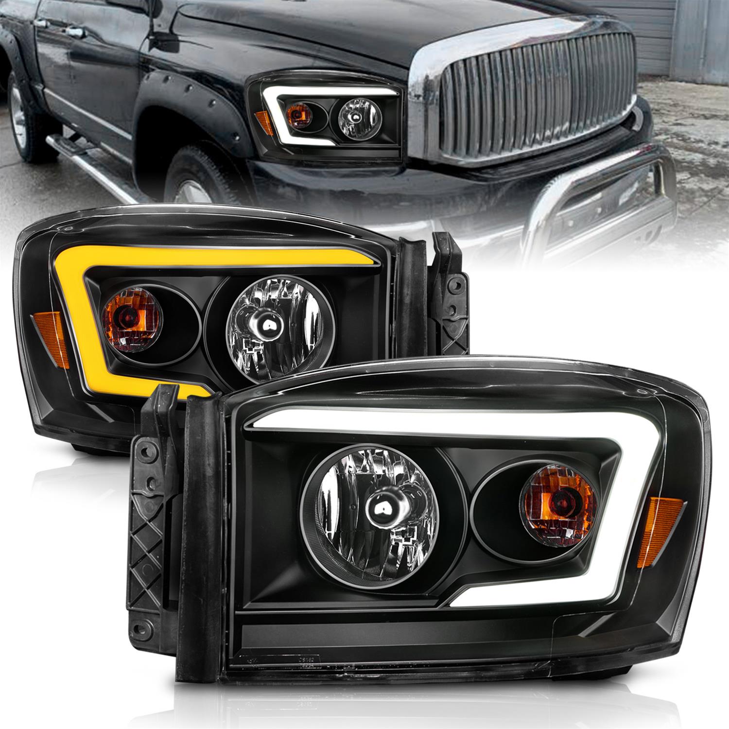 ANZO 06-09 Dodge RAM 1500/2500/3500 Headlights Black Housing/Clear Lens (w/Switchback Light Bars) thumbnail 2