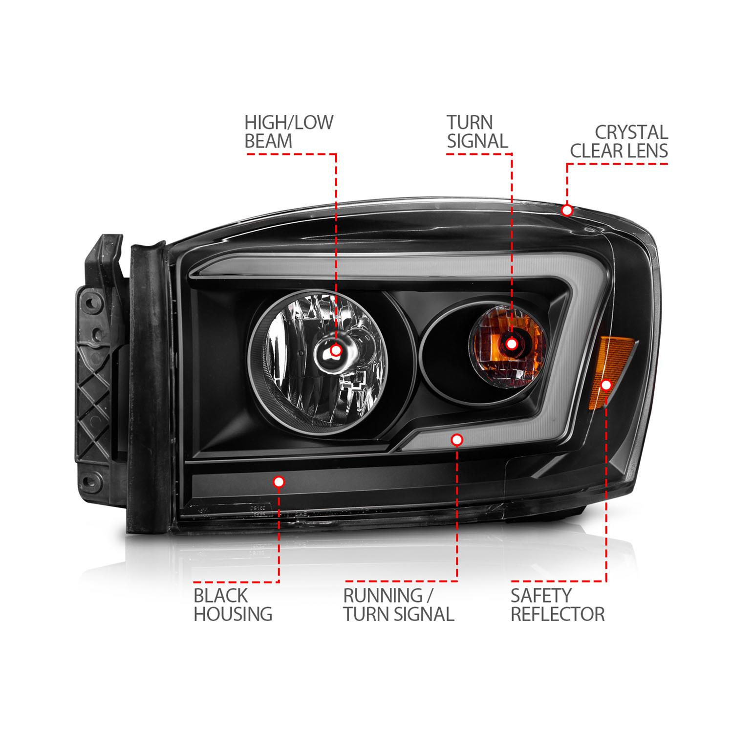 ANZO 06-09 Dodge RAM 1500/2500/3500 Headlights Black Housing/Clear Lens (w/Switchback Light Bars) thumbnail 5