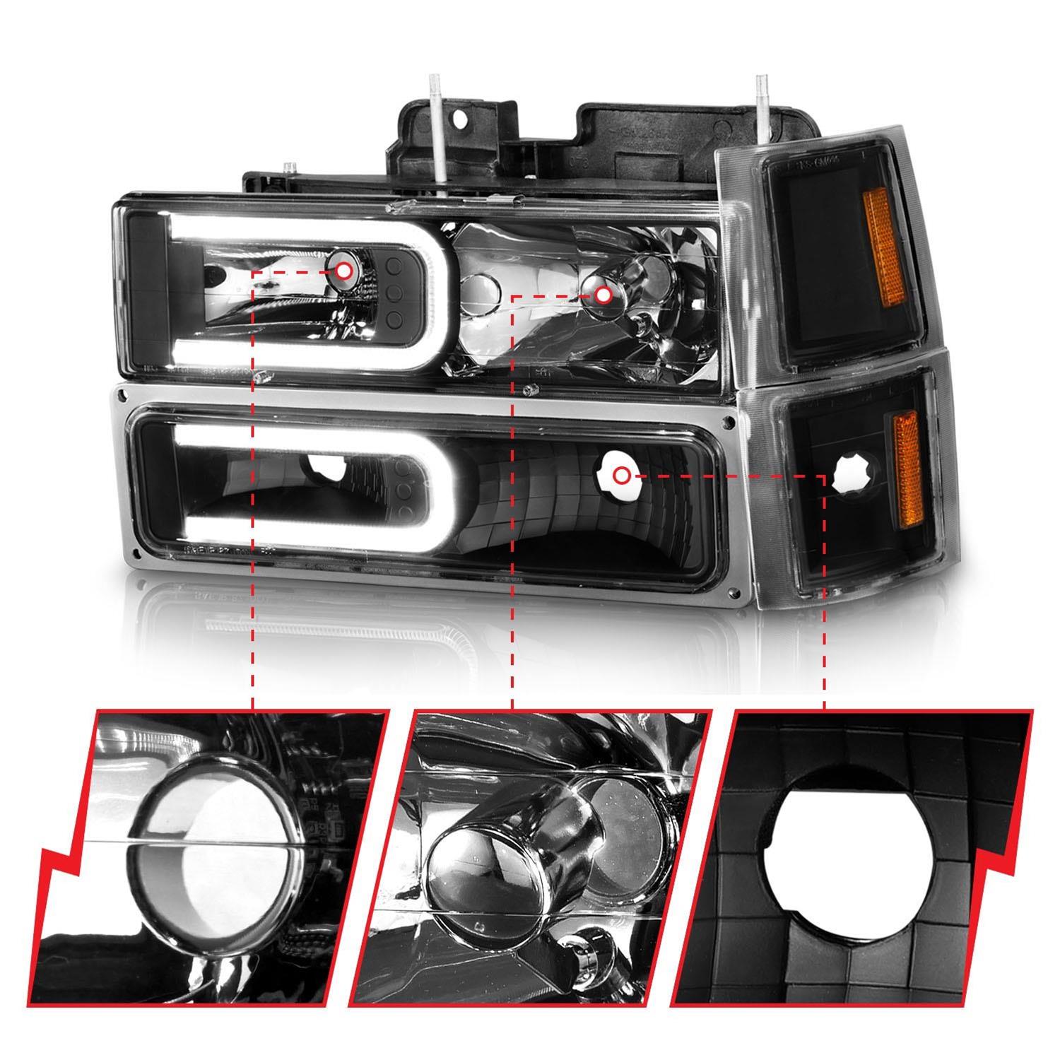 ANZO 88-98 Chevrolet C1500 Crystal Headlights w/ Light Bar Black Housing w/ Signal Side Markers 8Pcs thumbnail 4