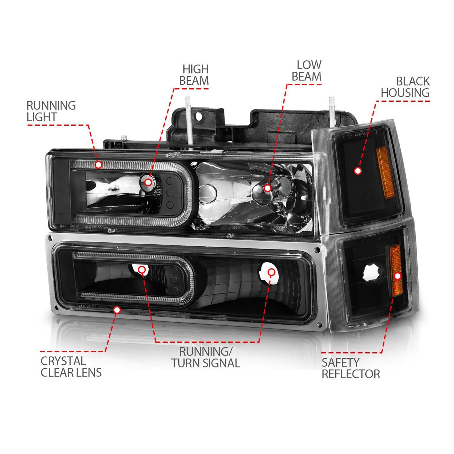 ANZO 88-98 Chevrolet C1500 Crystal Headlights w/ Light Bar Black Housing w/ Signal Side Markers 8Pcs thumbnail 5