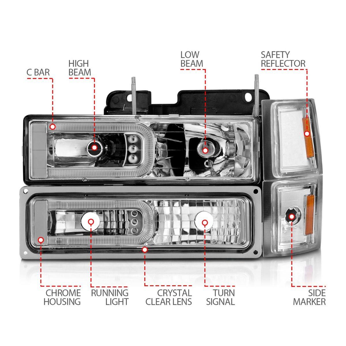 ANZO 88-98 Chevrolet C1500 Crystal Headlights w/Light Bar Chrome Housing w/ Signal Side Markers 8Pcs thumbnail 5