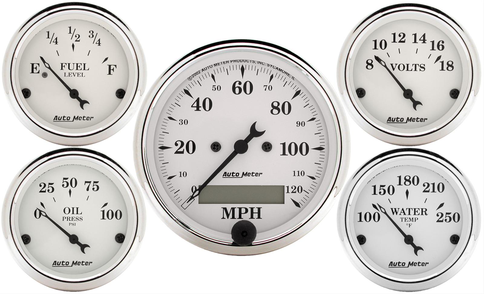 Autometer Old Tyme White 5 Pc Kit-Elec Speed(Km/H)/Elec Oil Press/Water Temp/Volt/Fuel Level