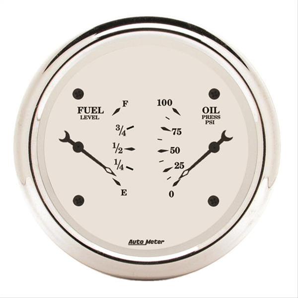 AutoMeter Gauge Dual Fuel & Oilp 3-3/8in. 240 Ohm(e) to 33 Ohm(f) & 100PSI Elec Old Tyme Wht