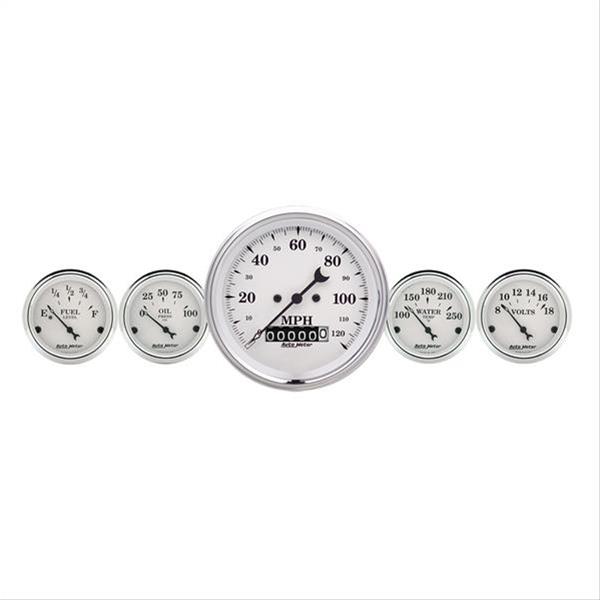 AutoMeter Gauge Kit 5 Pc. 3-3/8in. & 2-1/16in. Elec. Speedometer Old Tyme White