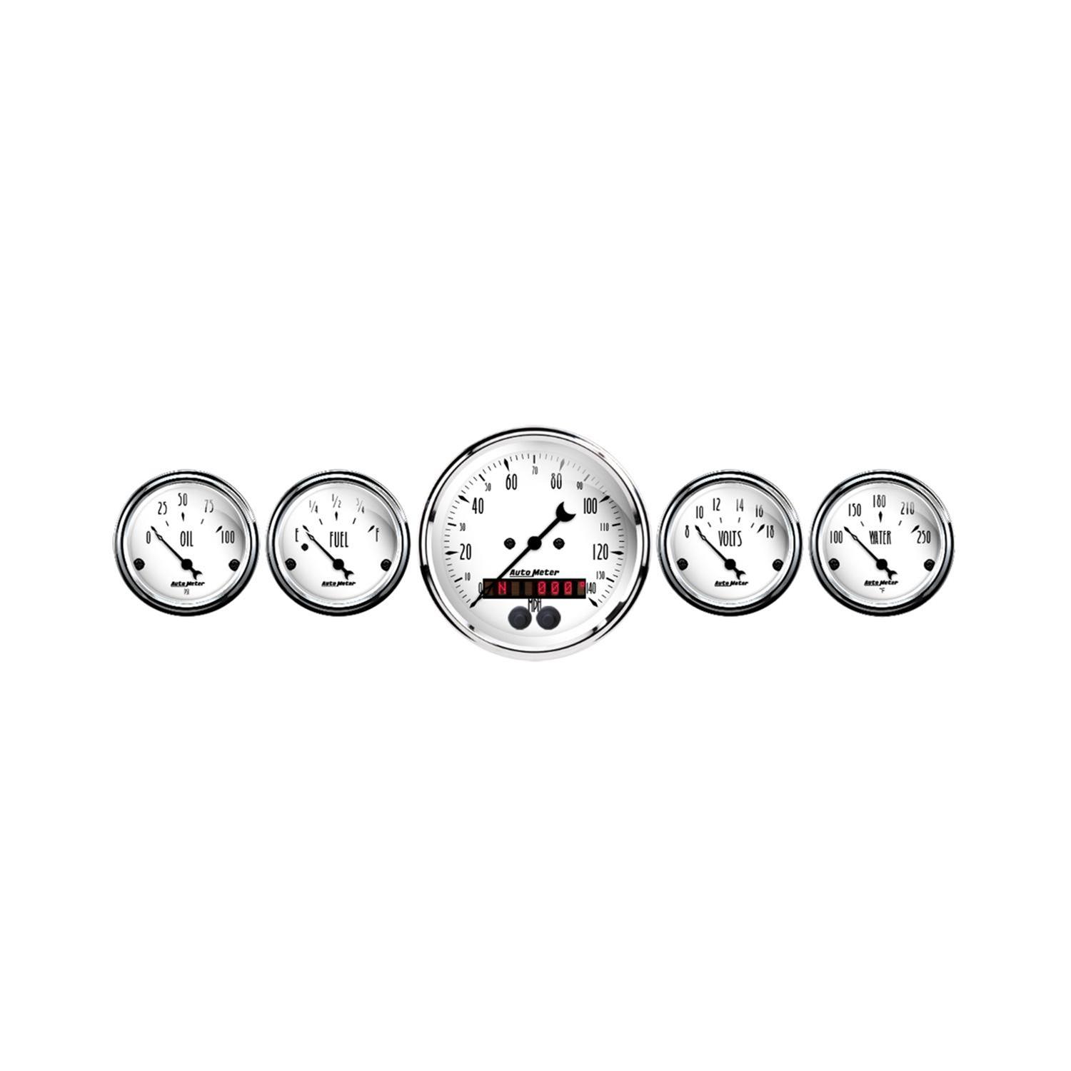 Auto Meter Speedometer 3-3/8in and 2-1/16in 5 Piece Old Tyme White Gauge Kit