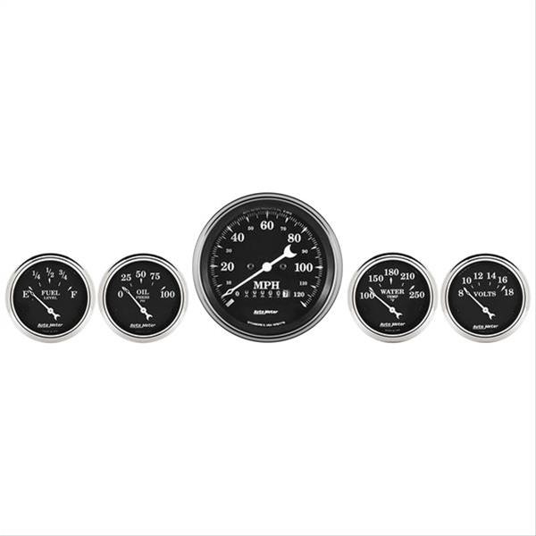 Auto Meter Gauge Kit 5 pc. 3 3/8in & 2 1/16in Elec. Speedometer Old Tyme Black